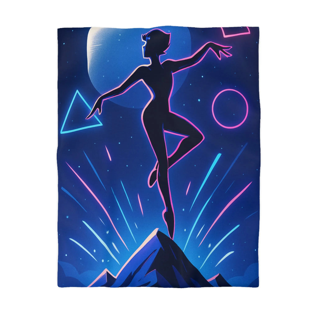 Housse de Couette Étoilée avec Silhouette Danseuse et Formes Géométriques Néon dans le Ciel