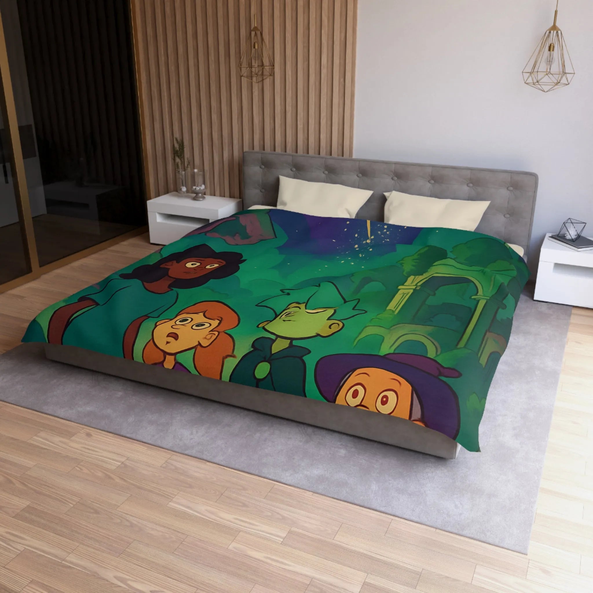 Housse de Couette Enfant : Quatre Aventuriers Sous une Comète Éblouissante et Mystique