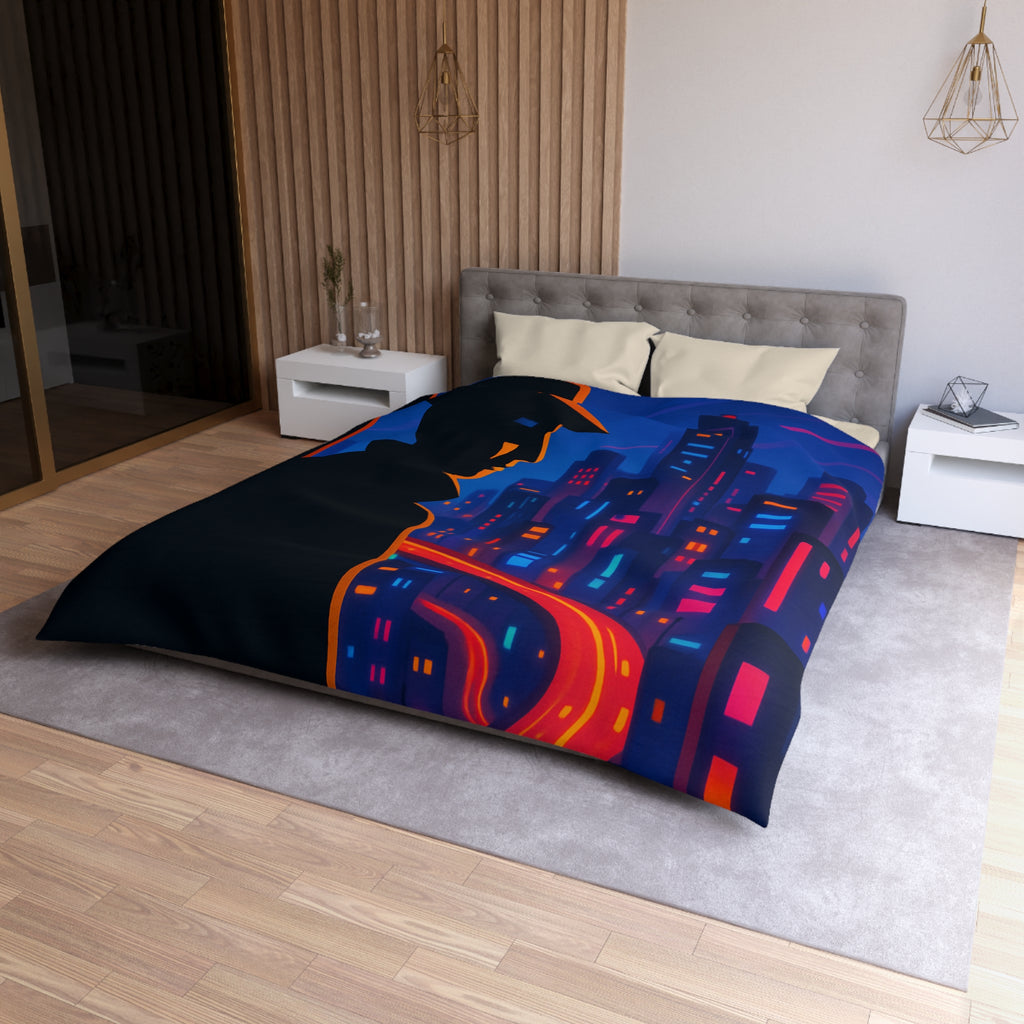 Housse de couette rétro mystérieuse avec silhouette urbaine nocturne et routes lumineuses