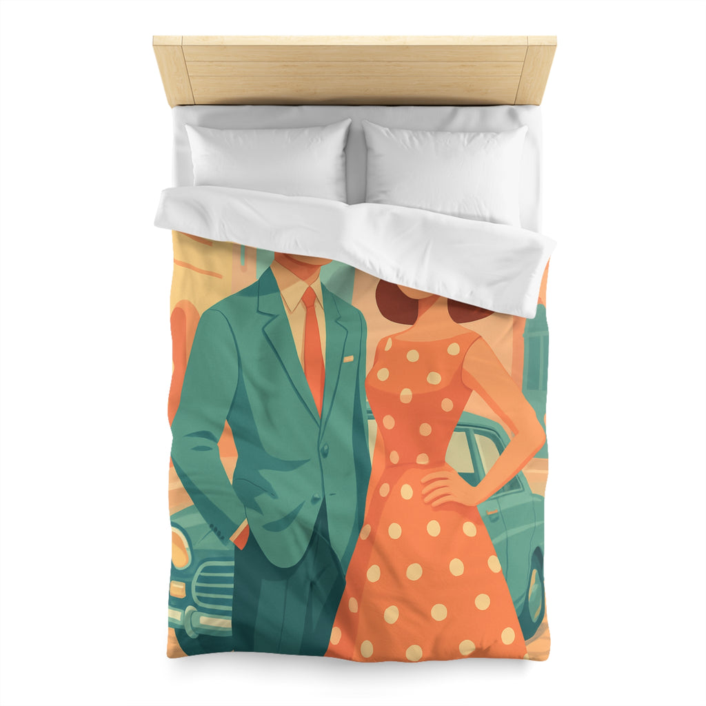 Housse de couette vintage rétro avec couple élégant en habits années 50 chic