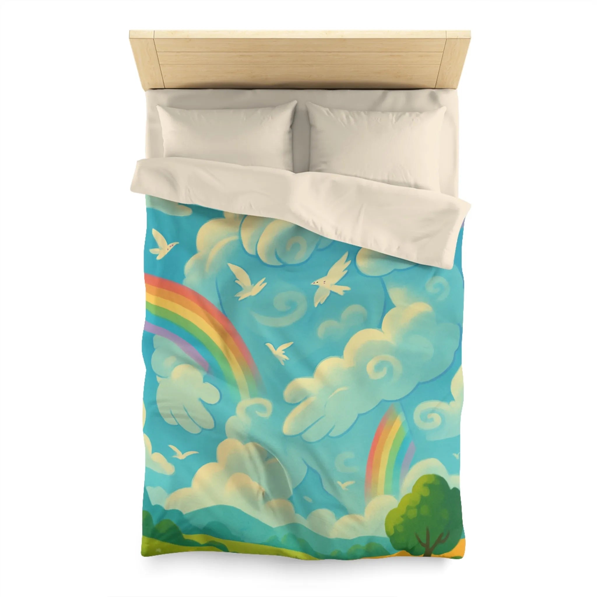 Housse de couette colorée nuageux avec ciel ensoleillé, arc-en-ciel et oiseaux blancs