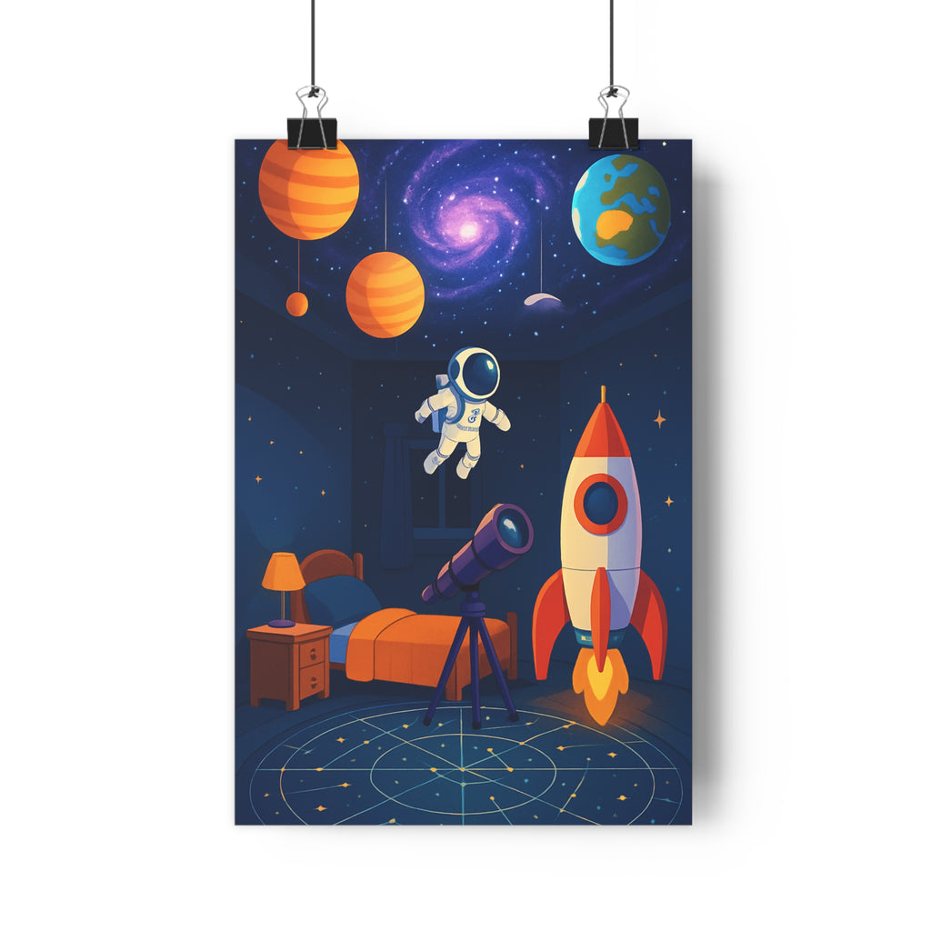 Poster décoratif coloré dessin animé enfant chambre astronaute fusée aventure espace galaxie exploration ciel