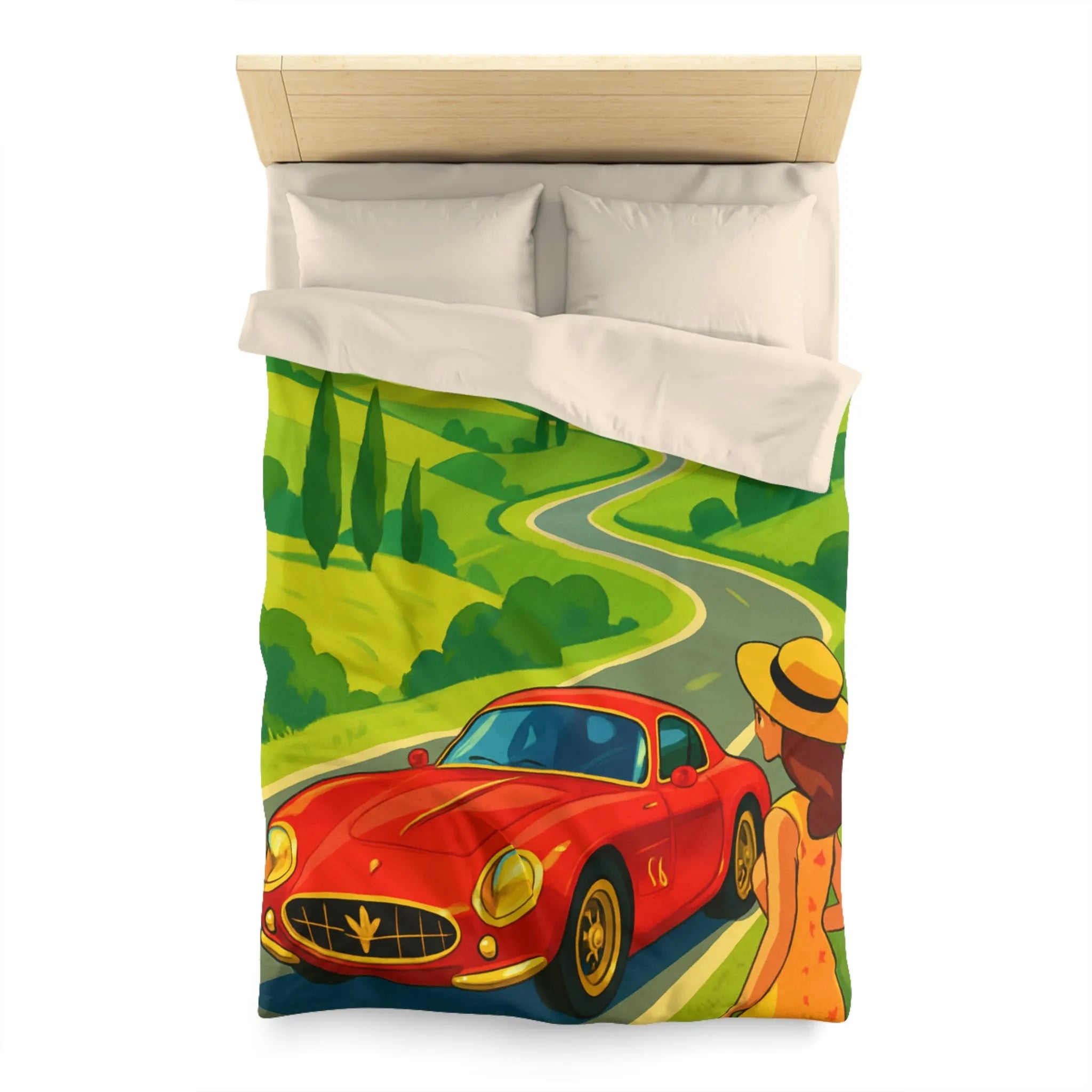 Housse de Couette Colorée avec Paysage Champêtre, Route Sinueuse et Voiture Rouge