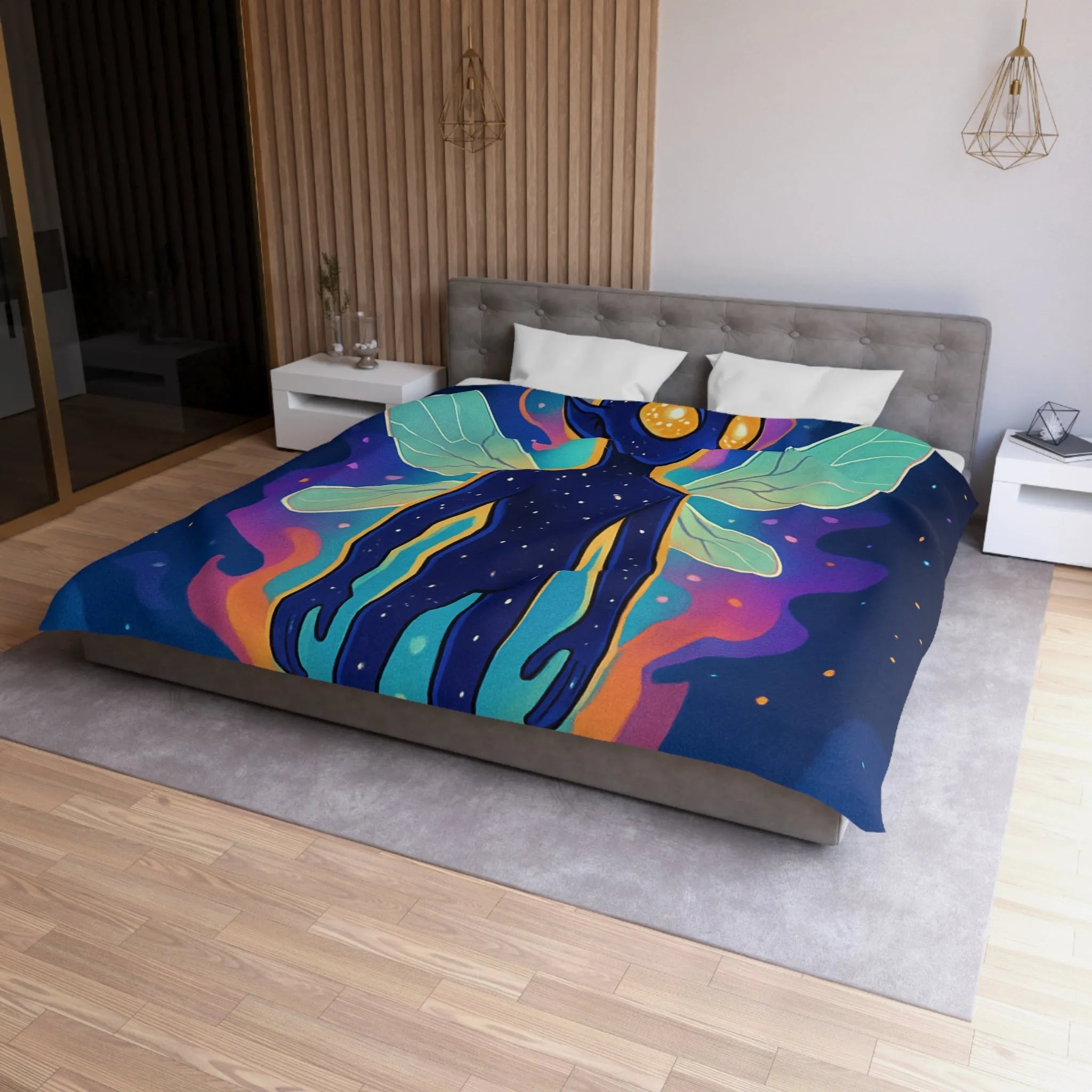 Housse de couette féerique avec créature cosmique et ailes éthérées pour chambre unique
