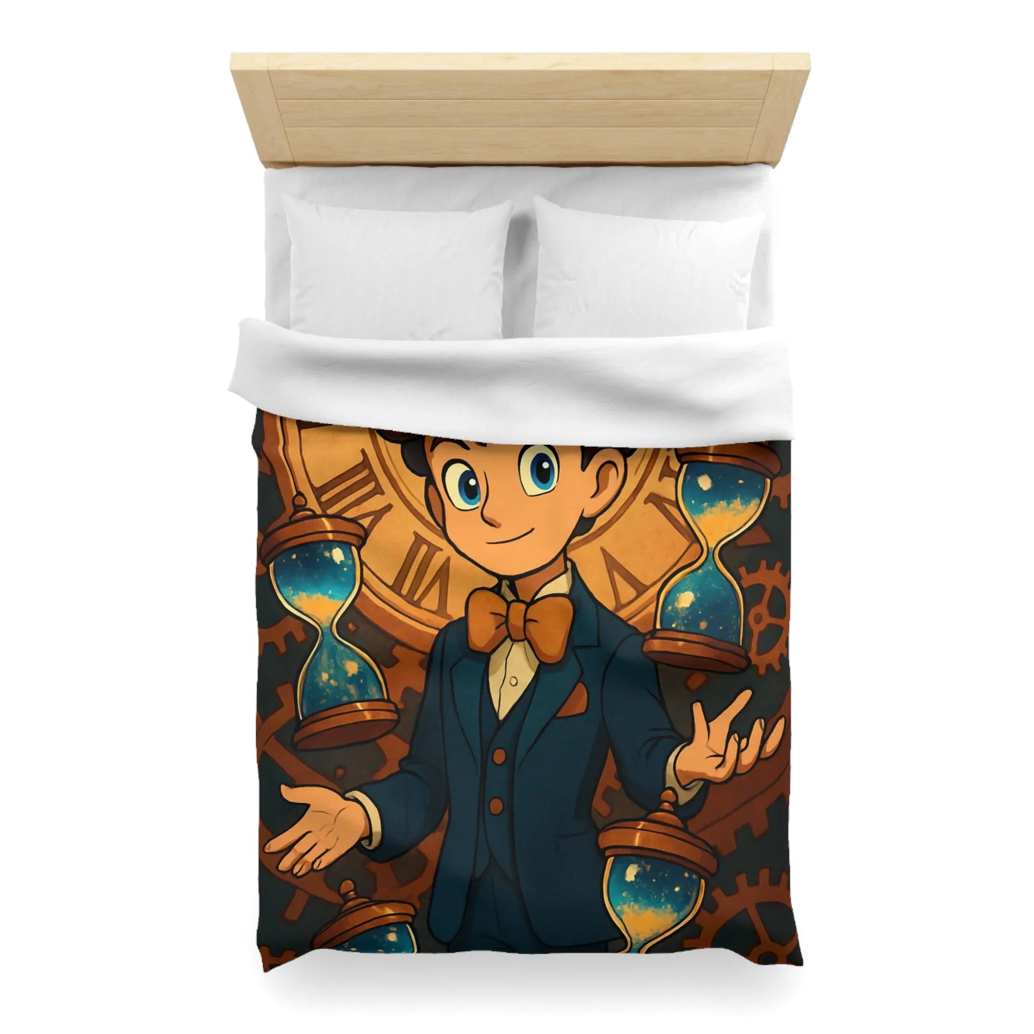 Élégante housse de couette thème horloger avec personnage stylisé et sabliers dorés
