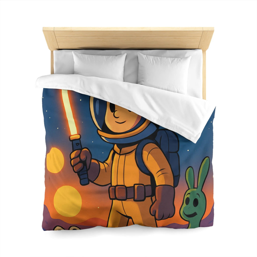 Adorable Espace: Astronaute Enfant Avec Épée Lumineuse Et Créatures Amusantes Sur Une Planet