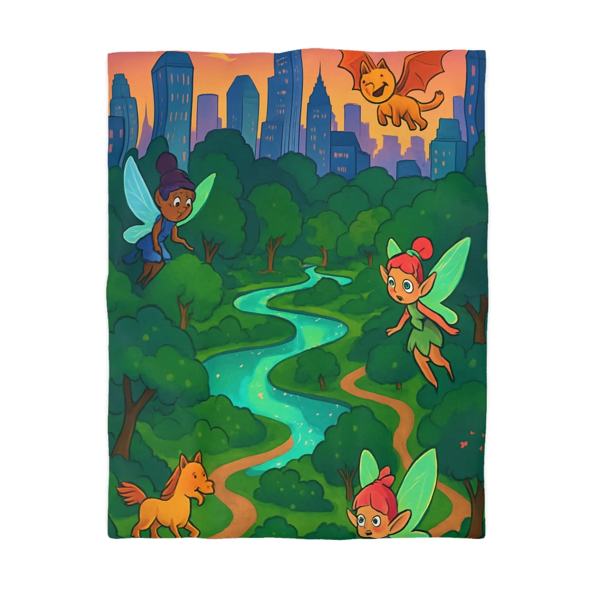 "Housse de Couette Féerique: Fées Volantes City Fantastique au Crépuscule Étincelant"