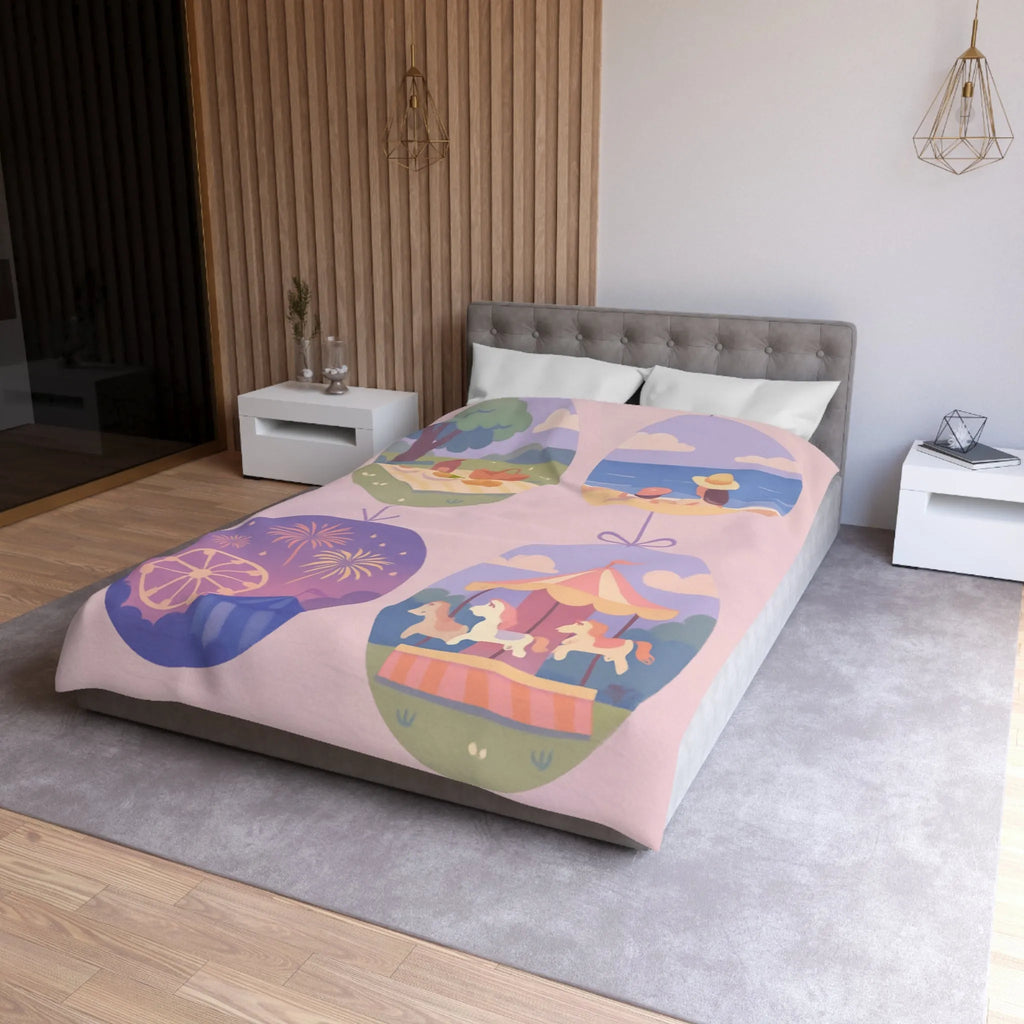 Douce Housse de Couette avec Scènes de Nature et Loisir Pastel Évoquant Sérénité