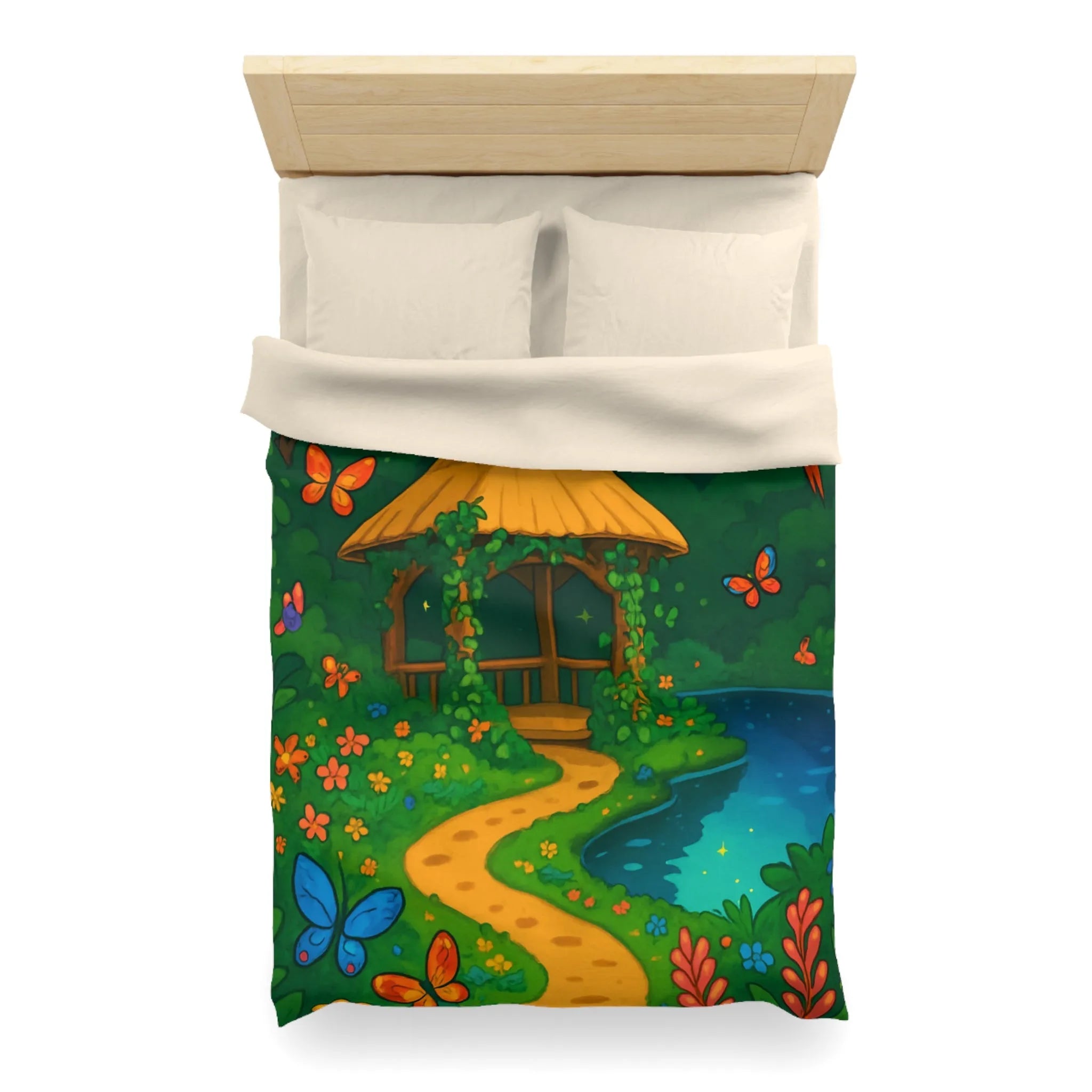 Housse de Couette Illustrée, Forêt Tropicale Nocturne avec Oiseaux et Papillons Colorés