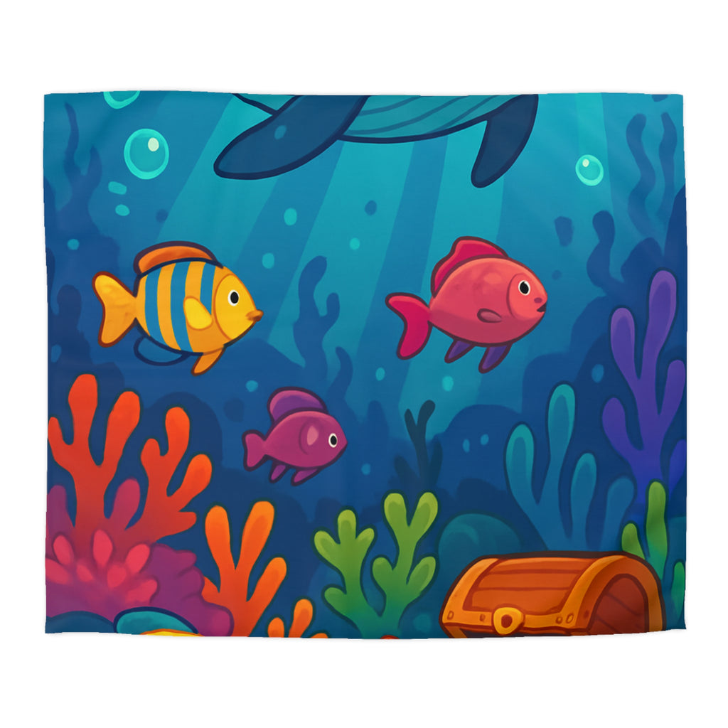 Housse de couette océan magique, baleine heureuse, poissons colorés et trésor sous-marin