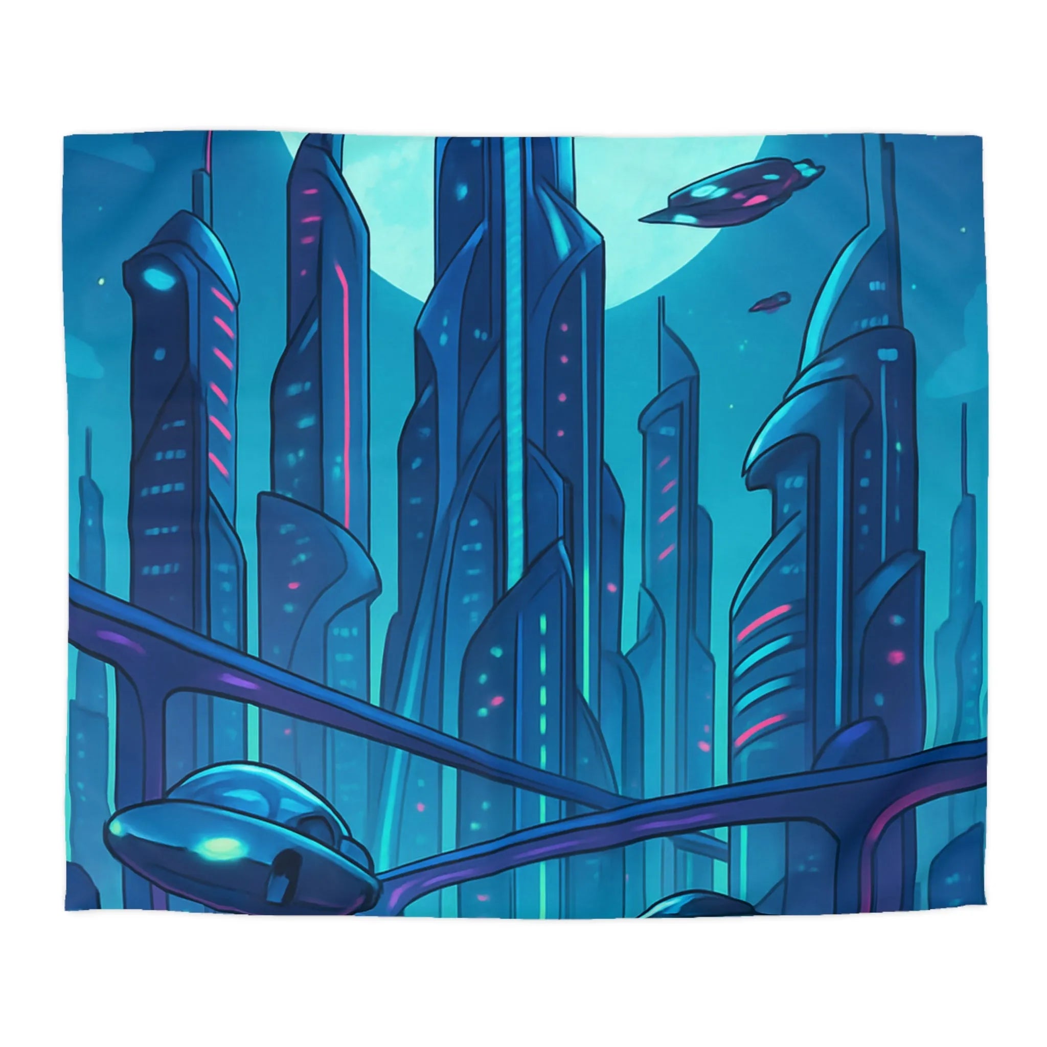 Housse de couette futuriste avec ville néon et vaisseaux spatiaux sous pleine lune