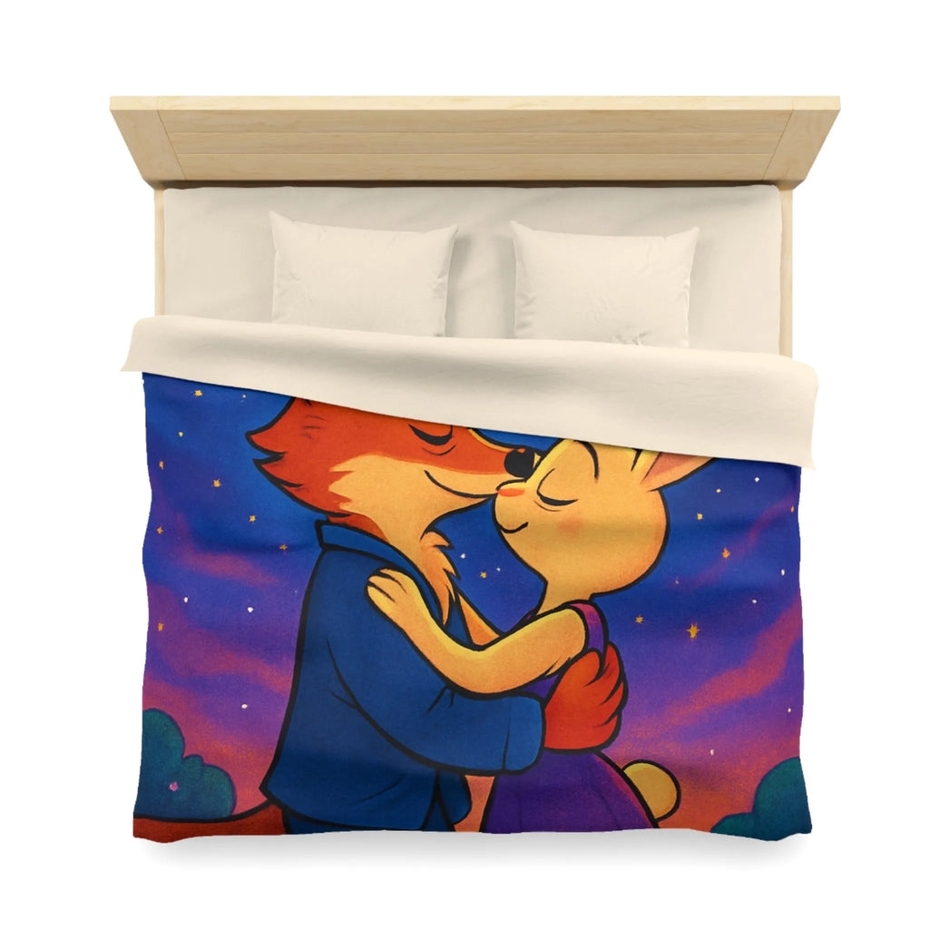 Housse de couette avec renard et lapin amoureux sous ciel étoilé romantique