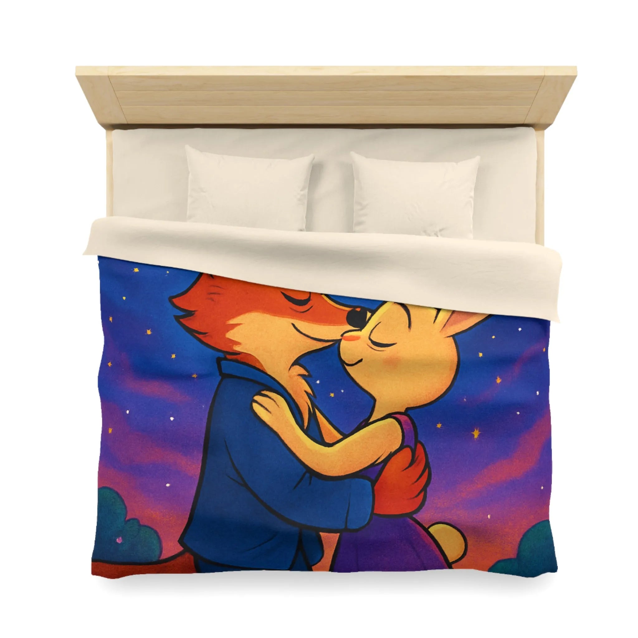 Housse de couette avec renard et lapin amoureux sous ciel étoilé romantique