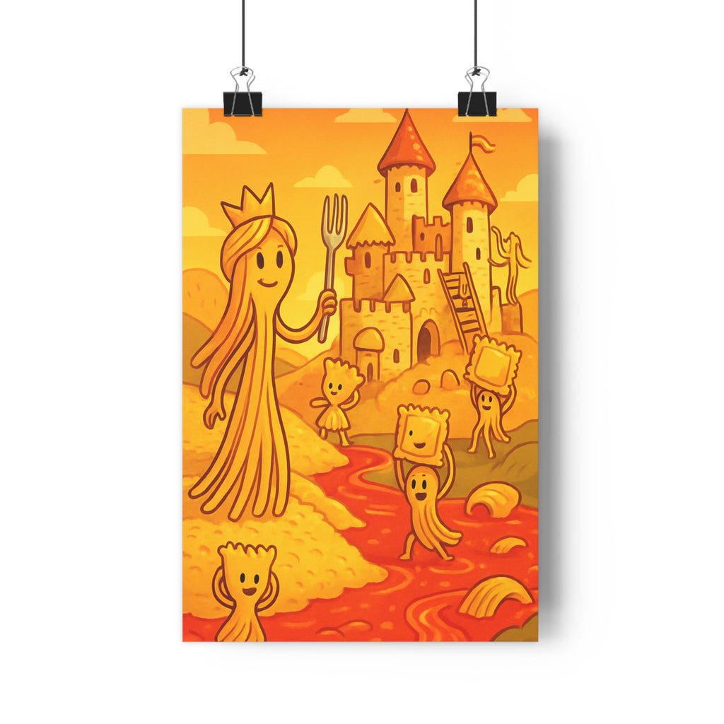 Poster décoratif joyeux cartoon jaune orange aventure chambre enfant fantaisie cuisine spaghetti paysage raviolis