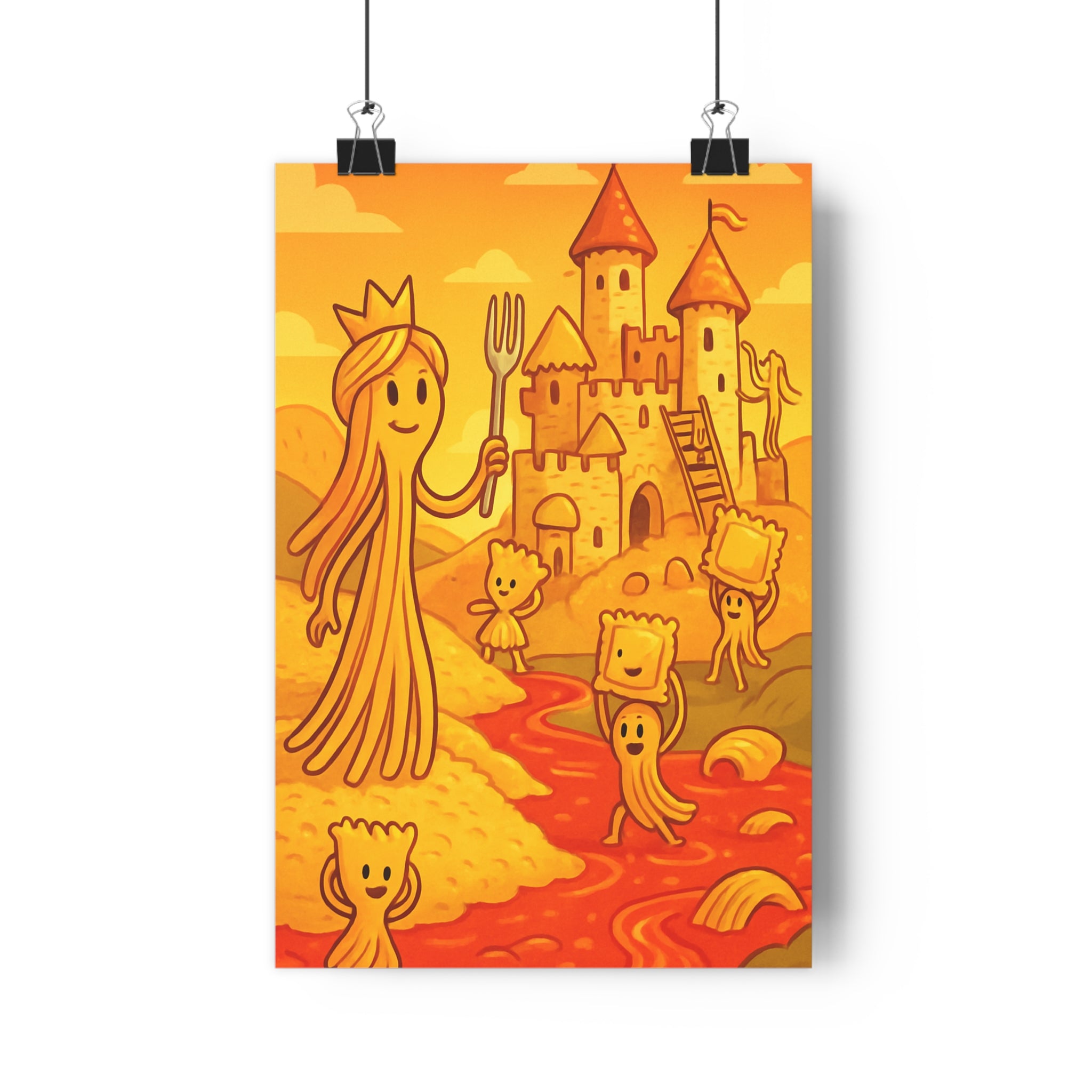 Poster décoratif joyeux cartoon jaune orange aventure chambre enfant fantaisie cuisine spaghetti paysage raviolis