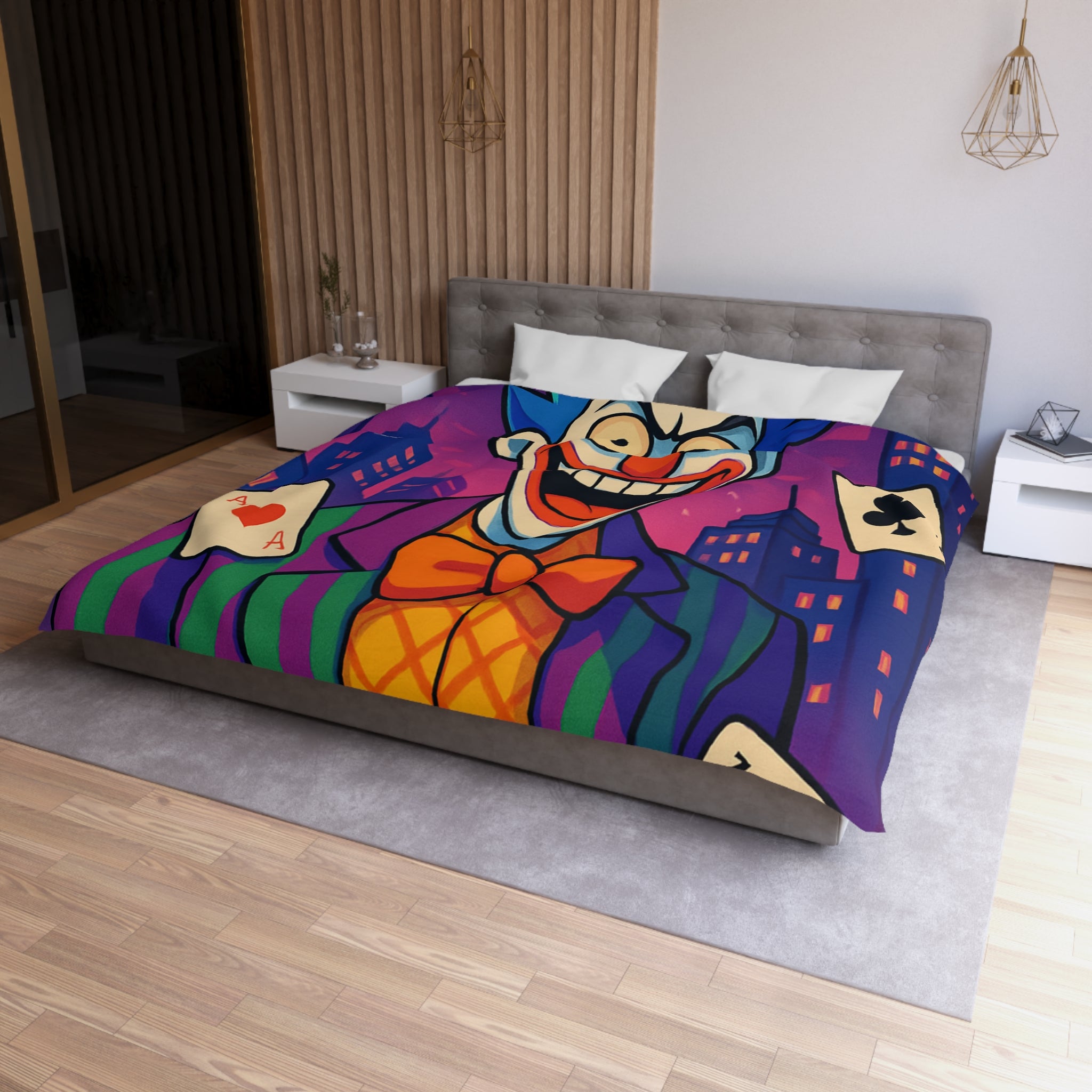 Housse de couette vibrante avec clown effrayant et cartes à jouer en arrière-plan urbain