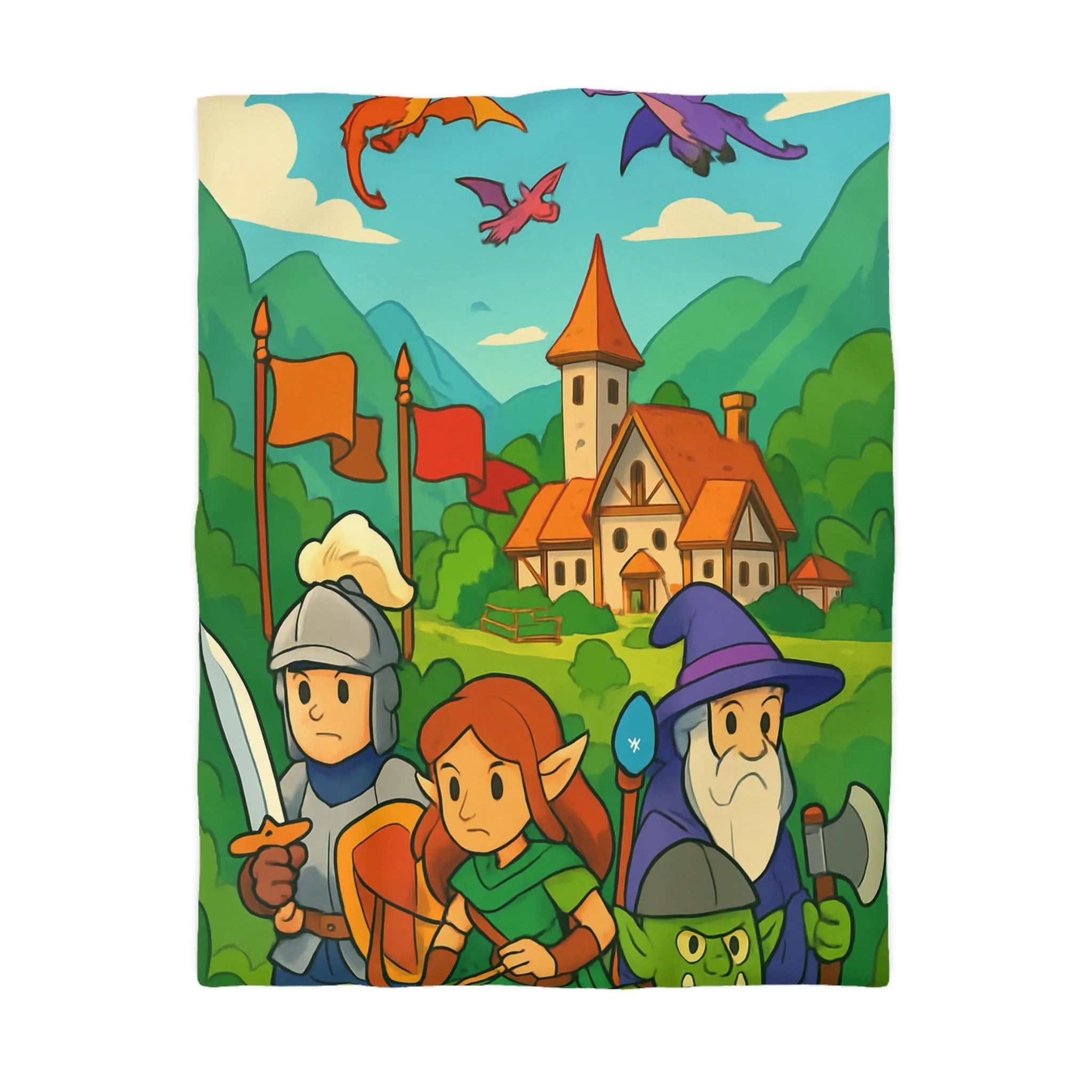 Housse de couette aventure médiévale avec dragons, chevalier, elfe, sorcier et troll
