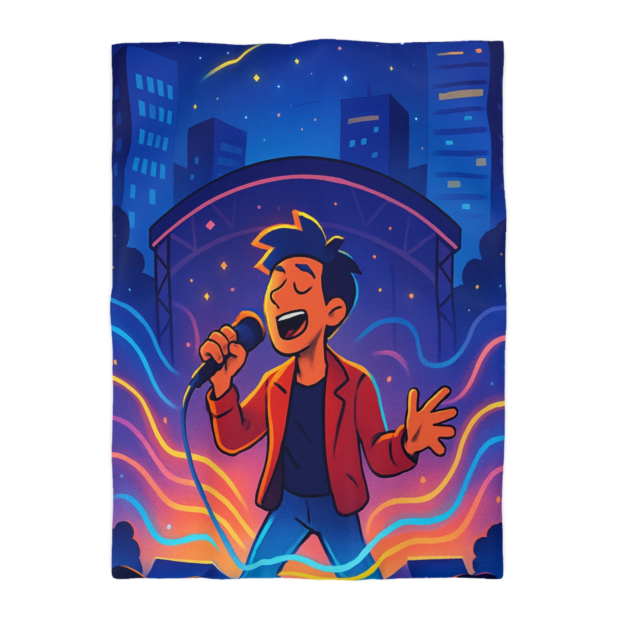 Housse de couette scène vibrante de concert nocturne avec chanteur et couleurs éclatantes