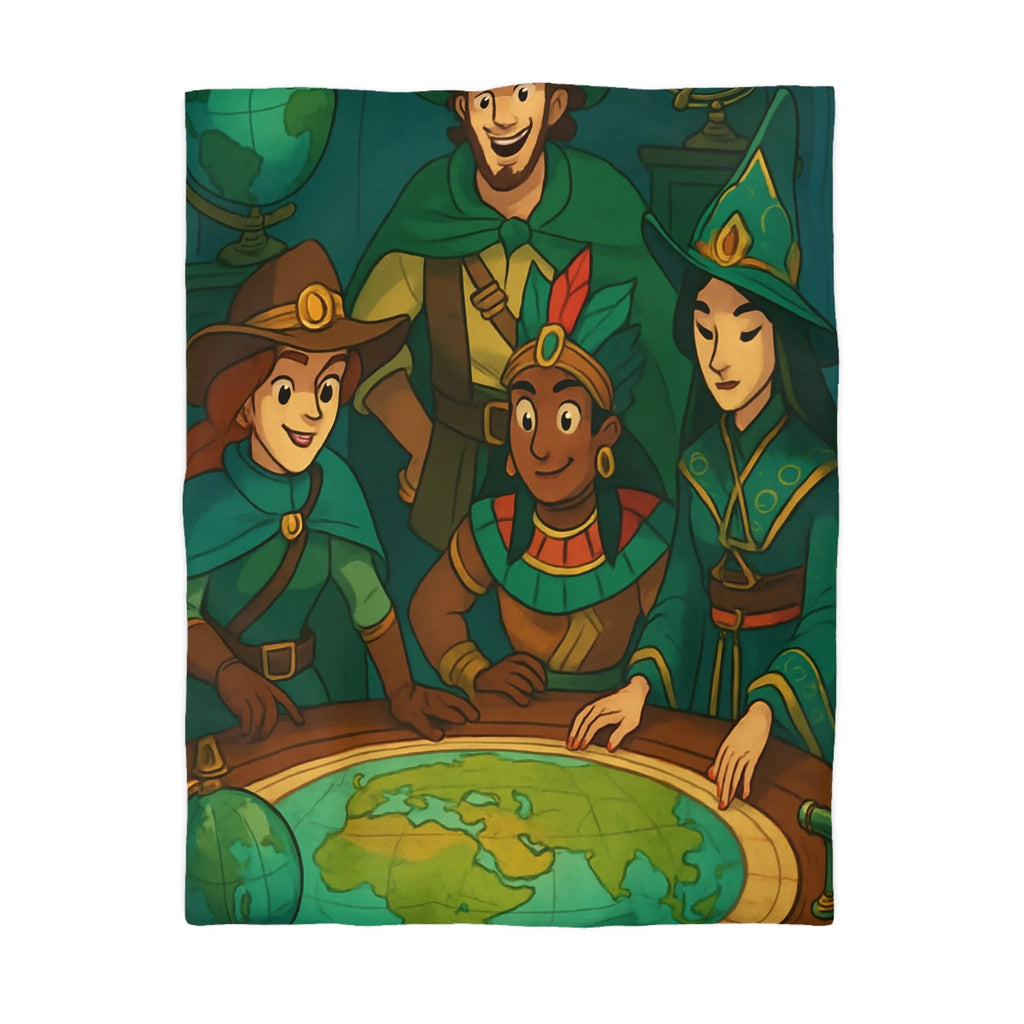 Housse de couette aventuriers explorateurs carte monde globe chapeaux costumes colorés ambiance ludique