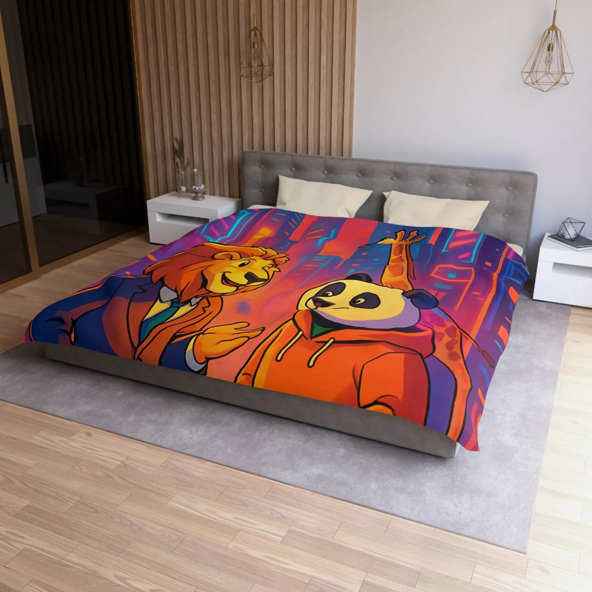 Housse de couette colorée avec lion et panda en costume urbain de ville futuriste