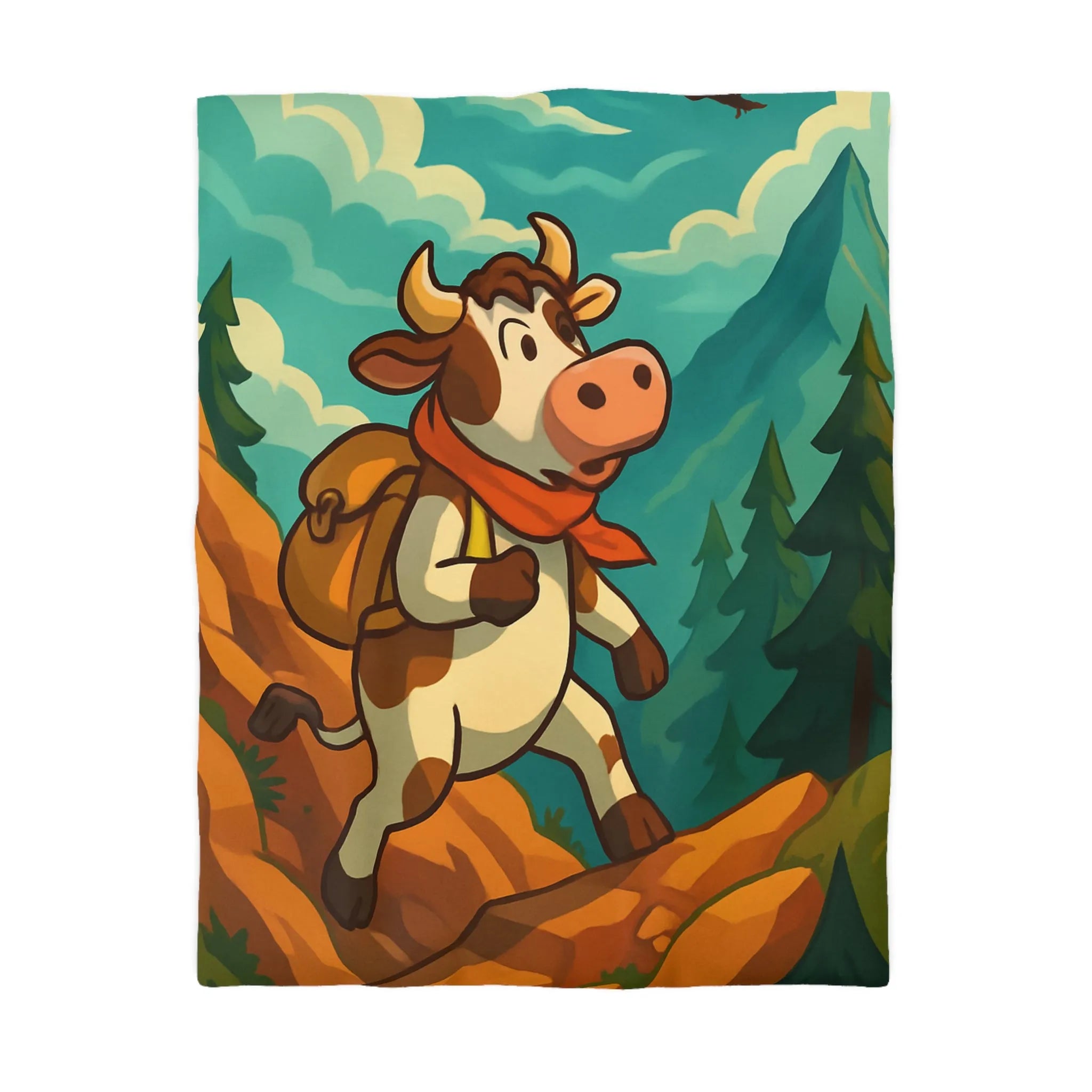 Housse de couette avec vache exploratrice en randonnée dans un paysage montagneux animé
