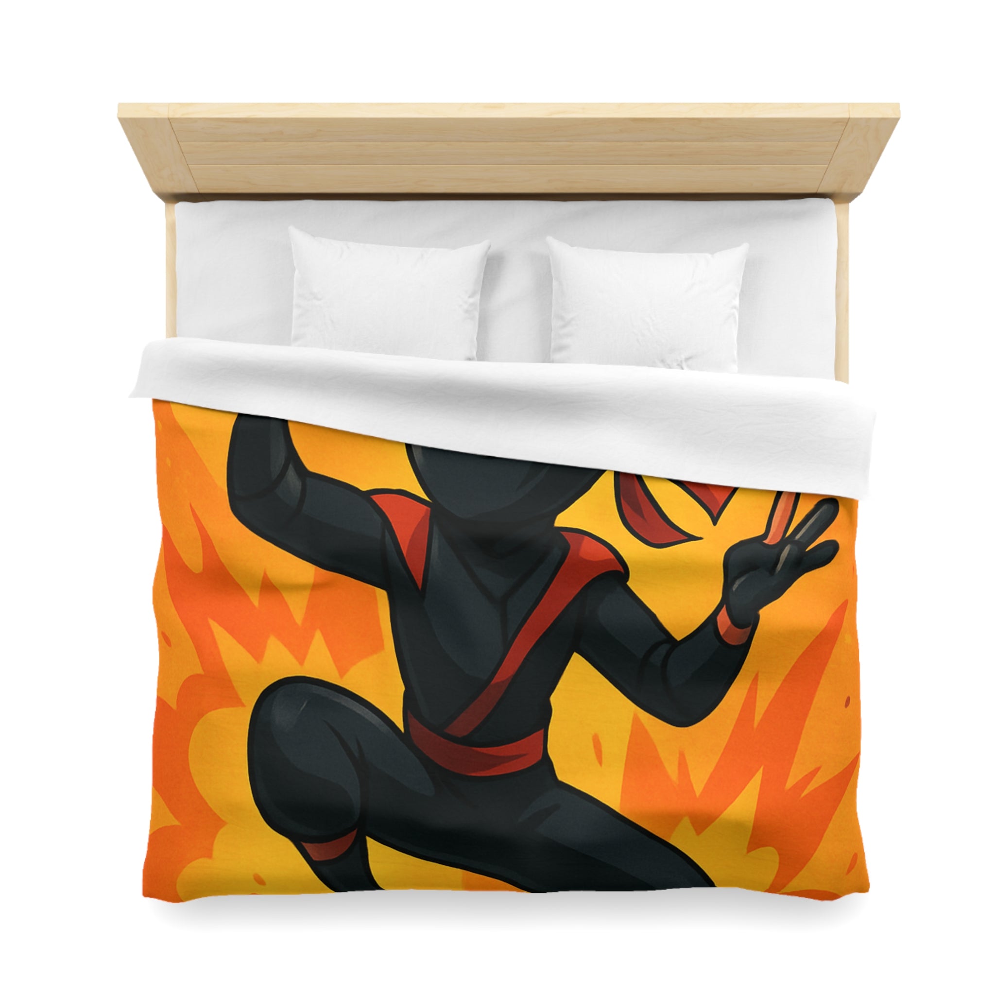 Housse de couette ninja dynamique avec explosion et grenades en fond orange vibrant