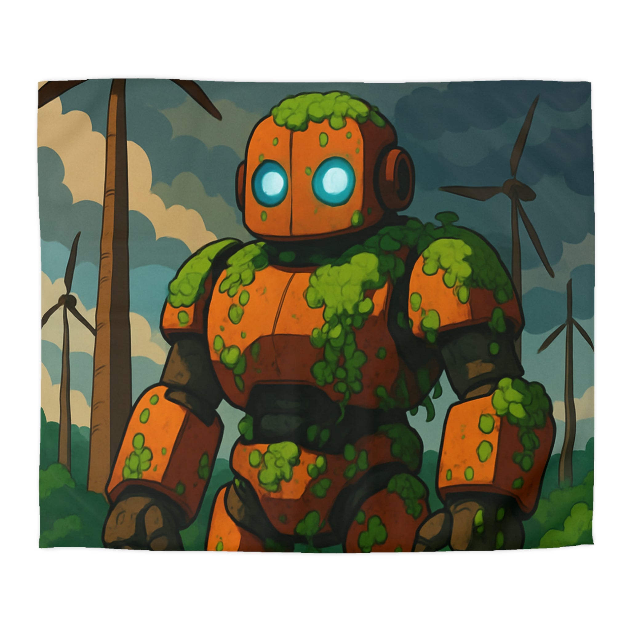Housse de couette robot et éoliennes, motif nature et technologie, ambiance verte apaisante
