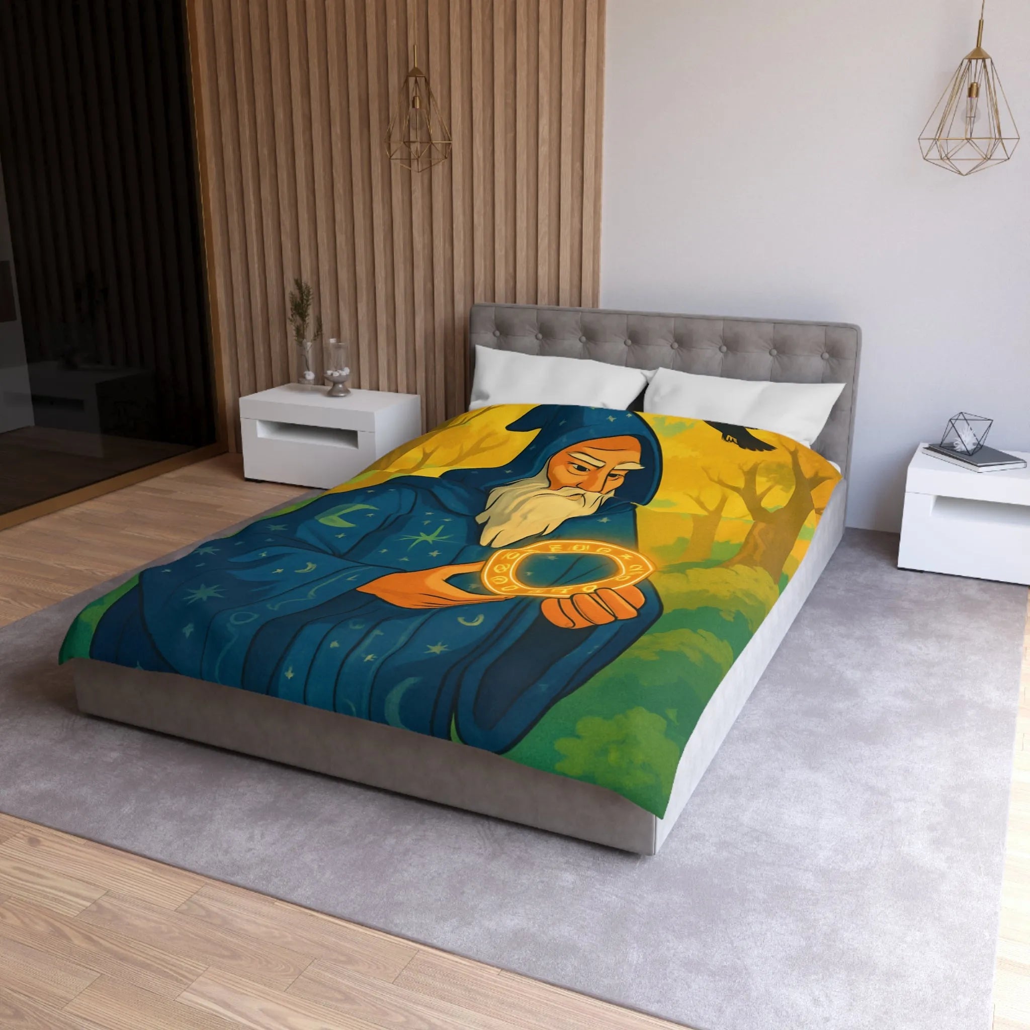 Housse de couette enchantée avec mage en forêt et cercle lumineux mystérieux