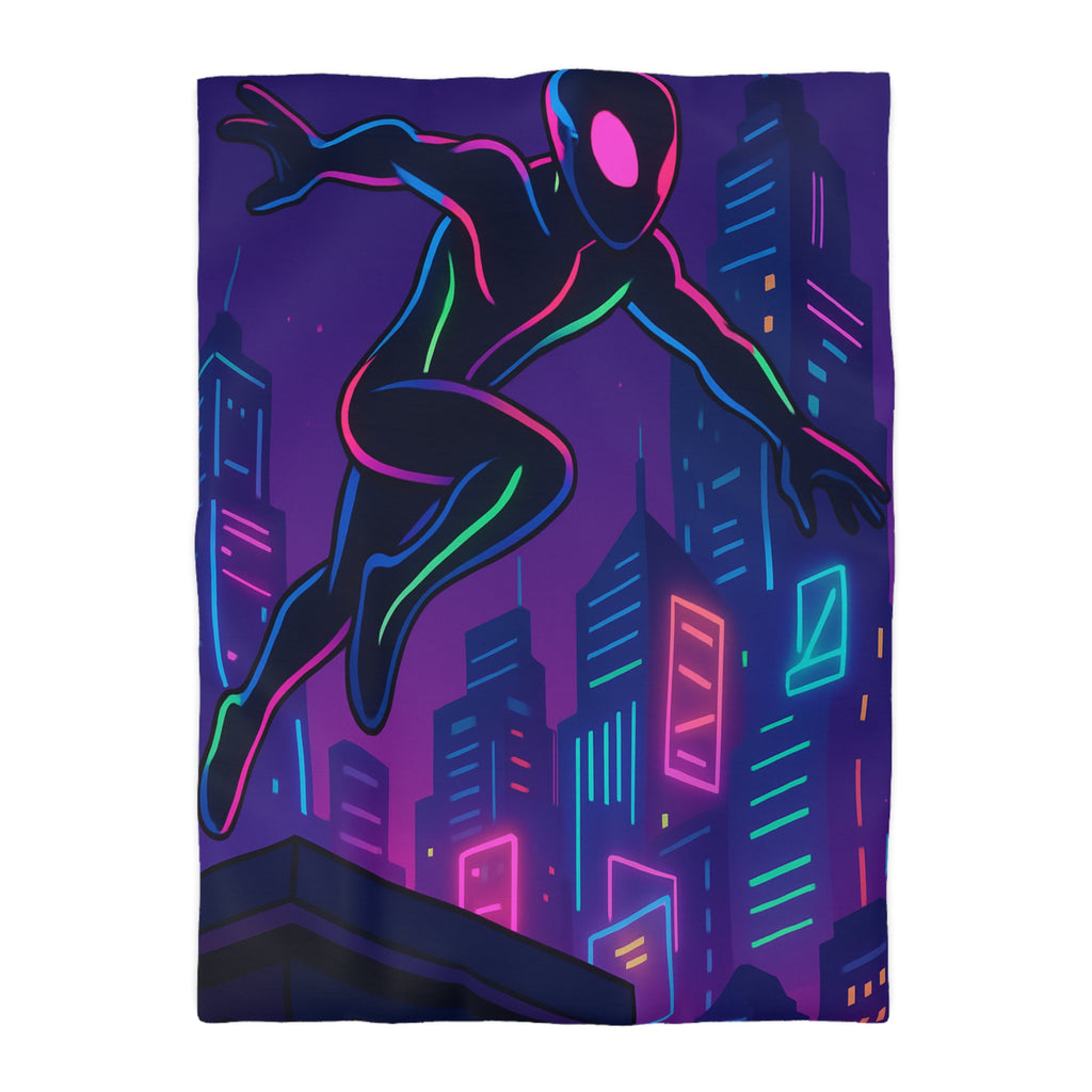Housse de couette néon urbain avec silhouette héroïque sautant devant gratte-ciel lumineux