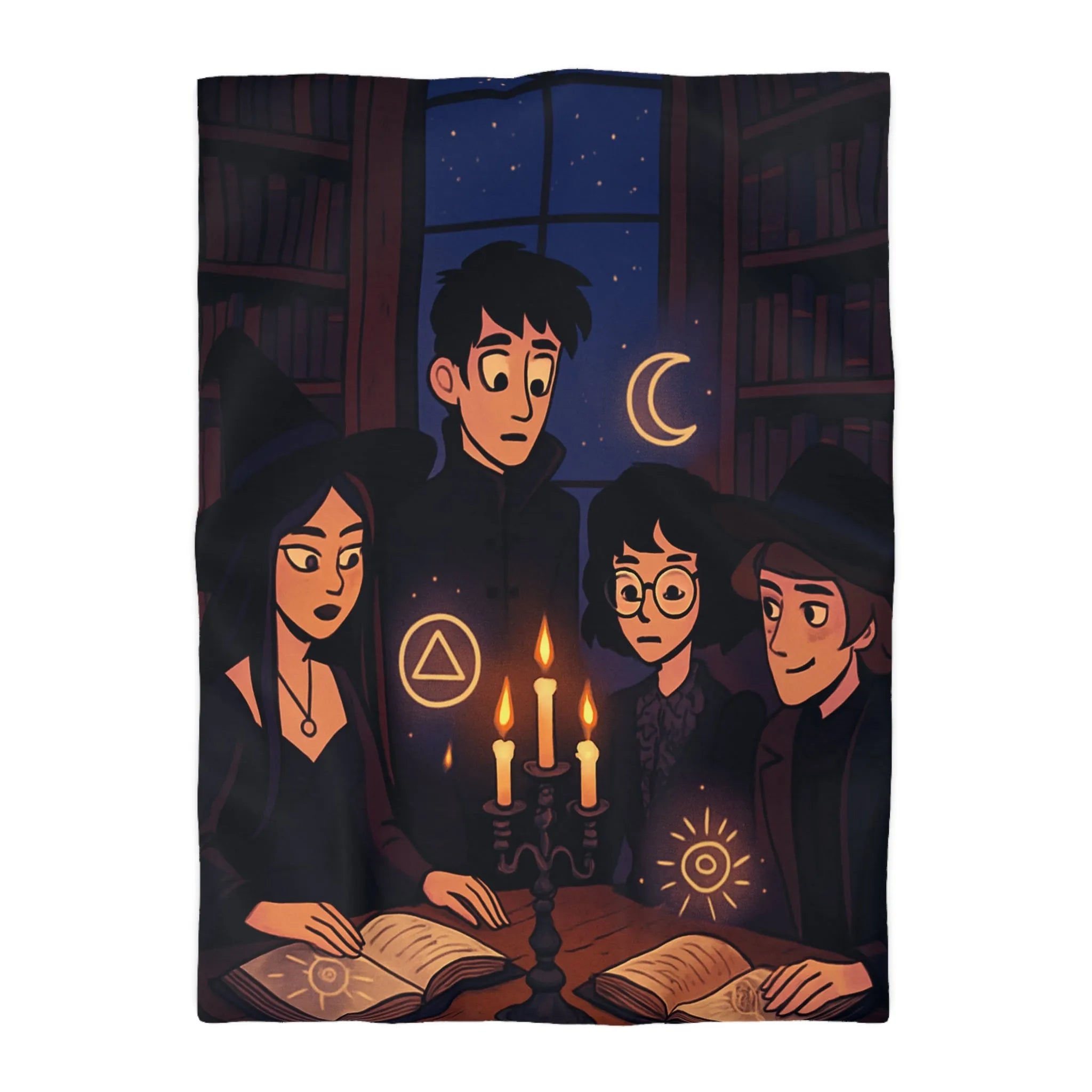 Housse de couette magique avec jeunes sorciers, symboles mystérieux et ambiance nocturne enchantée