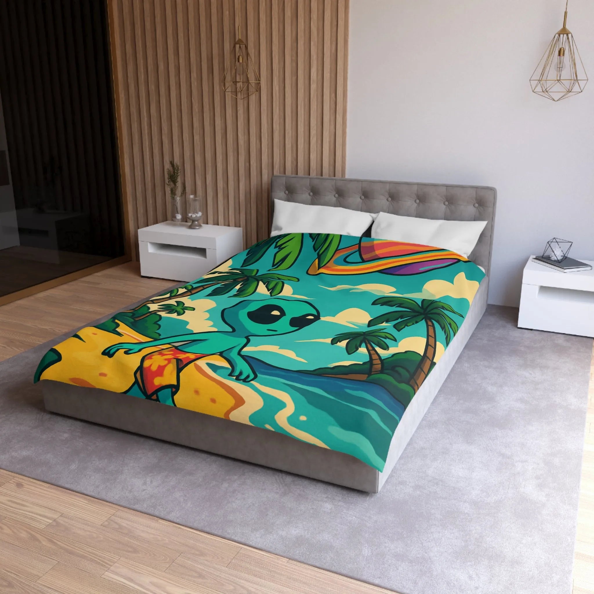 Housse de Couette Enfant Alien Plage Tropicale Planète Saturée Rêveur Ciel Imagination