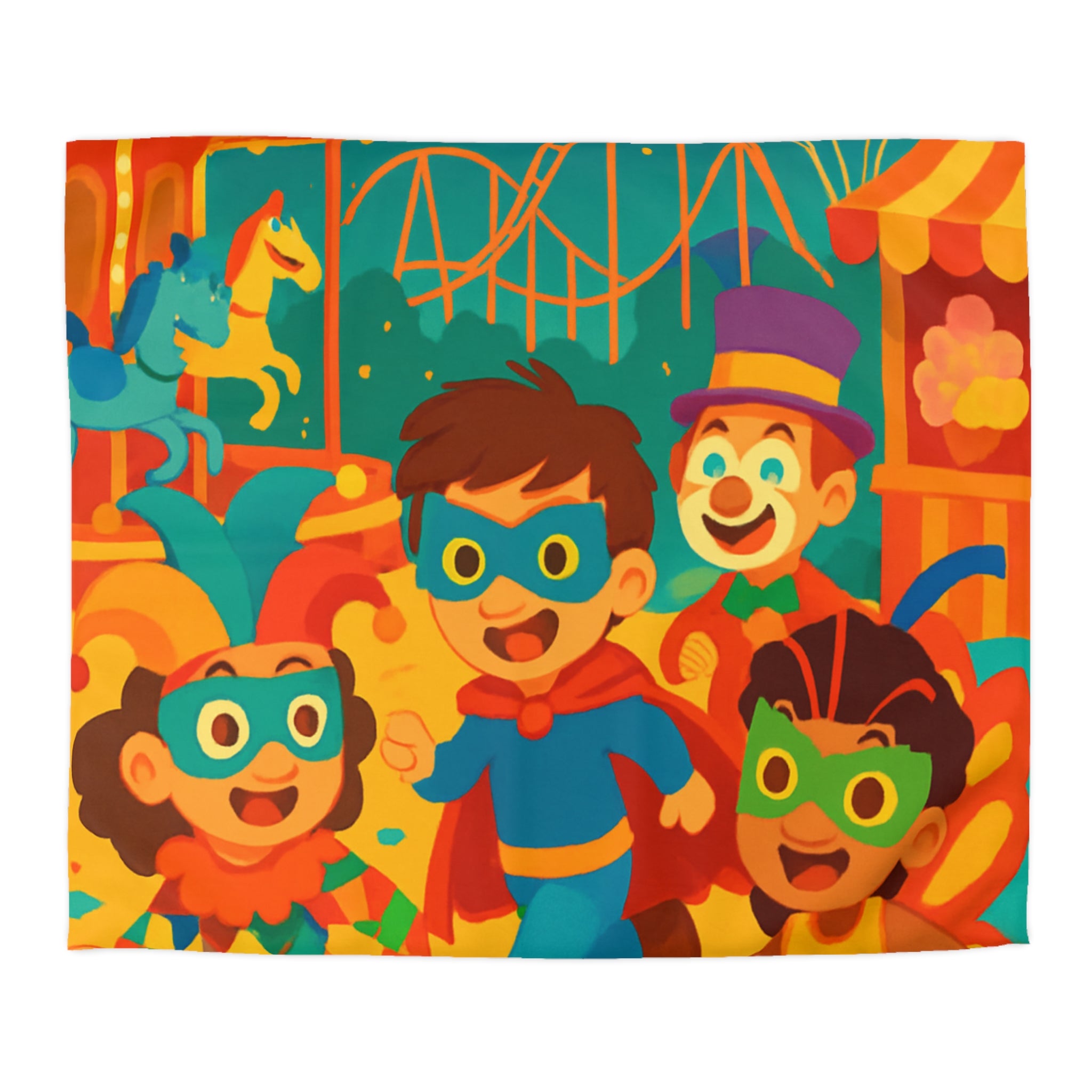 Joyeuse fête foraine avec enfants costumés courant joyeusement parmi attractions colorées nocturnes