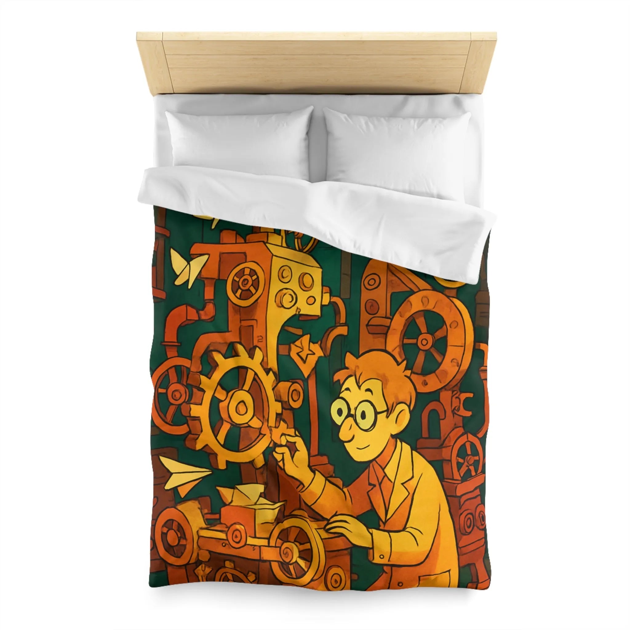 Housse de couette machine steampunk colorée avec papillons et ingénieur rêveur illustration automne