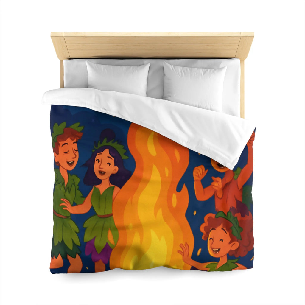 Housse de couette joyeuse autour d'un feu de camp avec enfants et raisins dansants