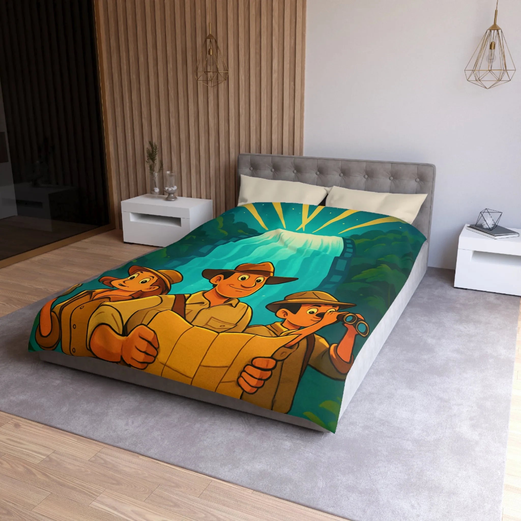 Housse de Couette Aventure Jungle Cascade Éclatante Exploration Famille Style Dessin Dessiné