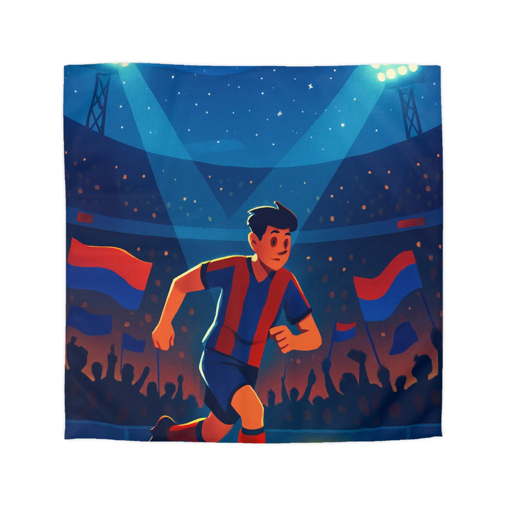 Housse de couette colorée illustrant un joueur de football vibrant sous les projecteurs nocturnes