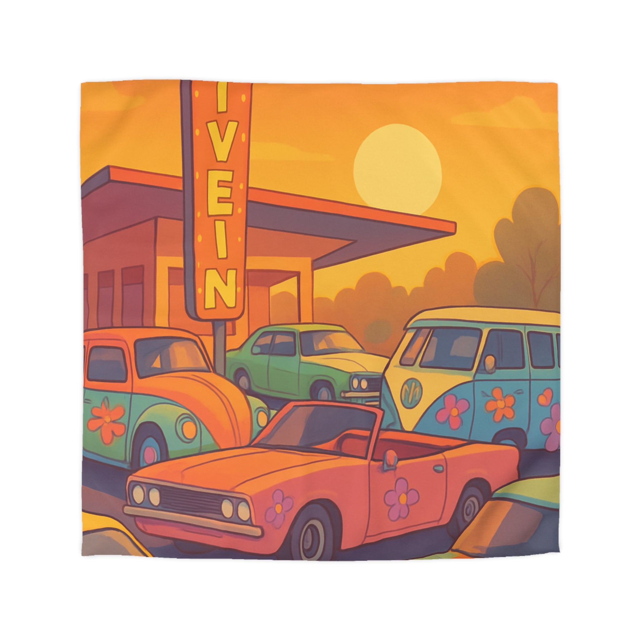 Vintage Style Housse de Couette Avec Anciennes Voitures et Coucher de Soleil Orange