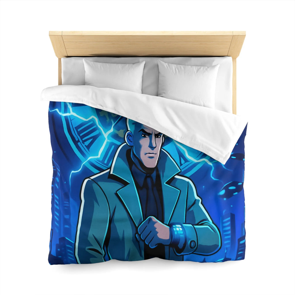 Housse de Couette Inspiration Futuriste avec Horloge Éclair et Personnage Mystérieux en Manteau