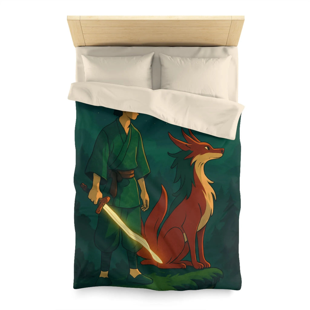 Housse de couette épique avec lune rouge, scène mystique et créature légendaire