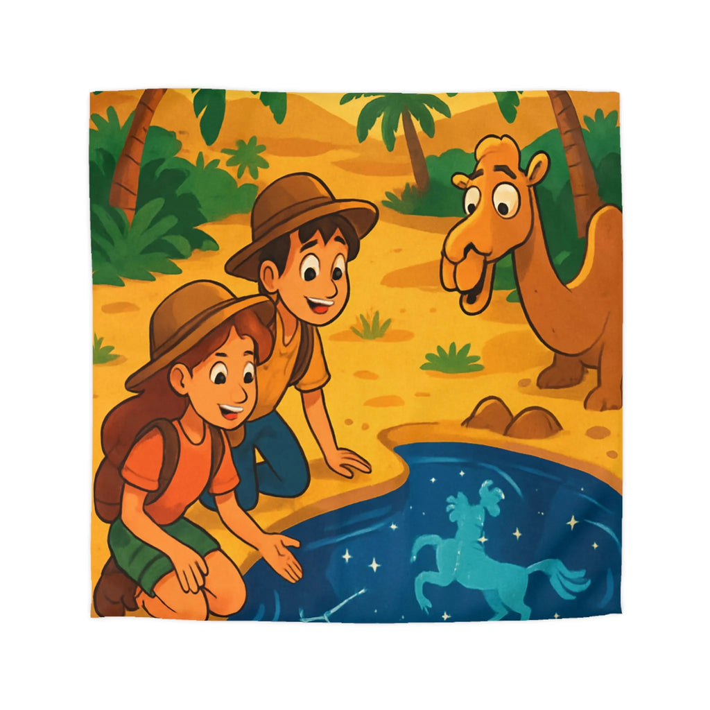 Housse de couette désert exotique enfants étoiles, animaux et aventuriers explorant oasis magique