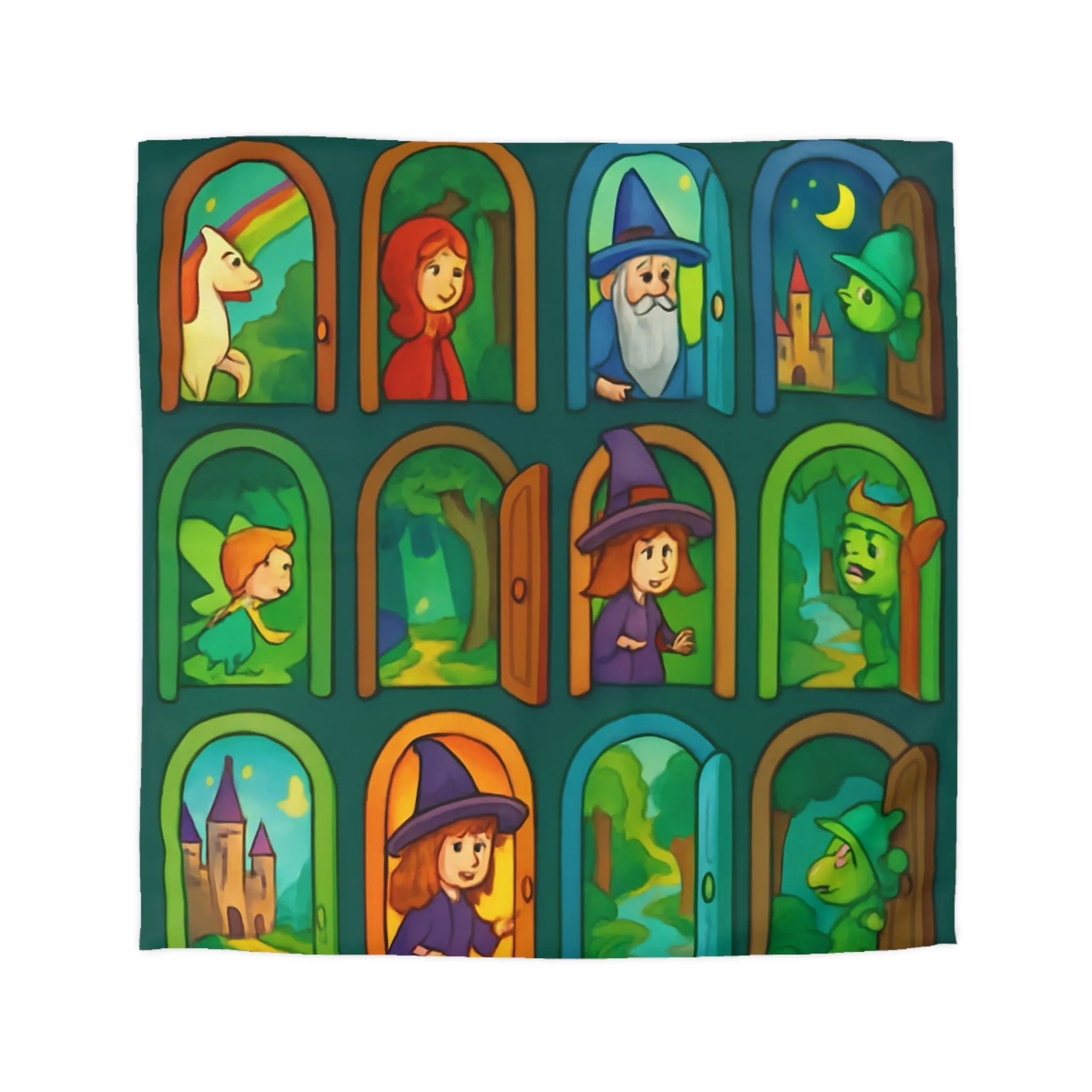 Enchantement magique avec motifs de sorcières, chevaux, et châteaux sur housse de couette