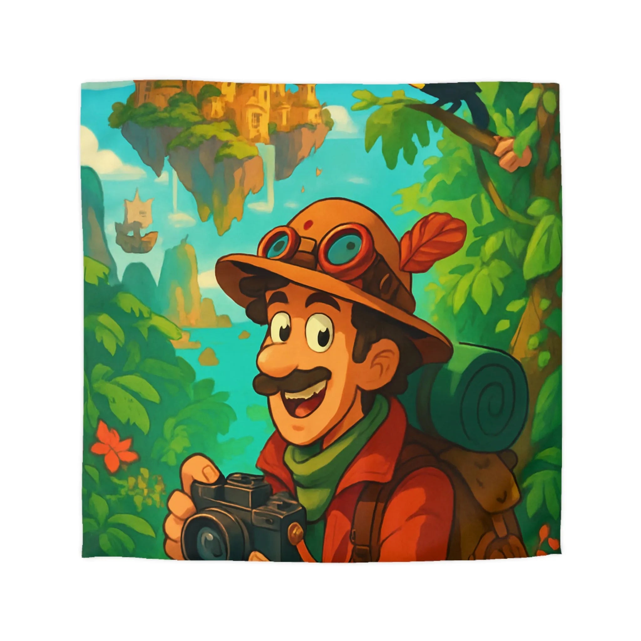 Housse de couette illustrée avec explora-monde et château volant dans jungle exotique