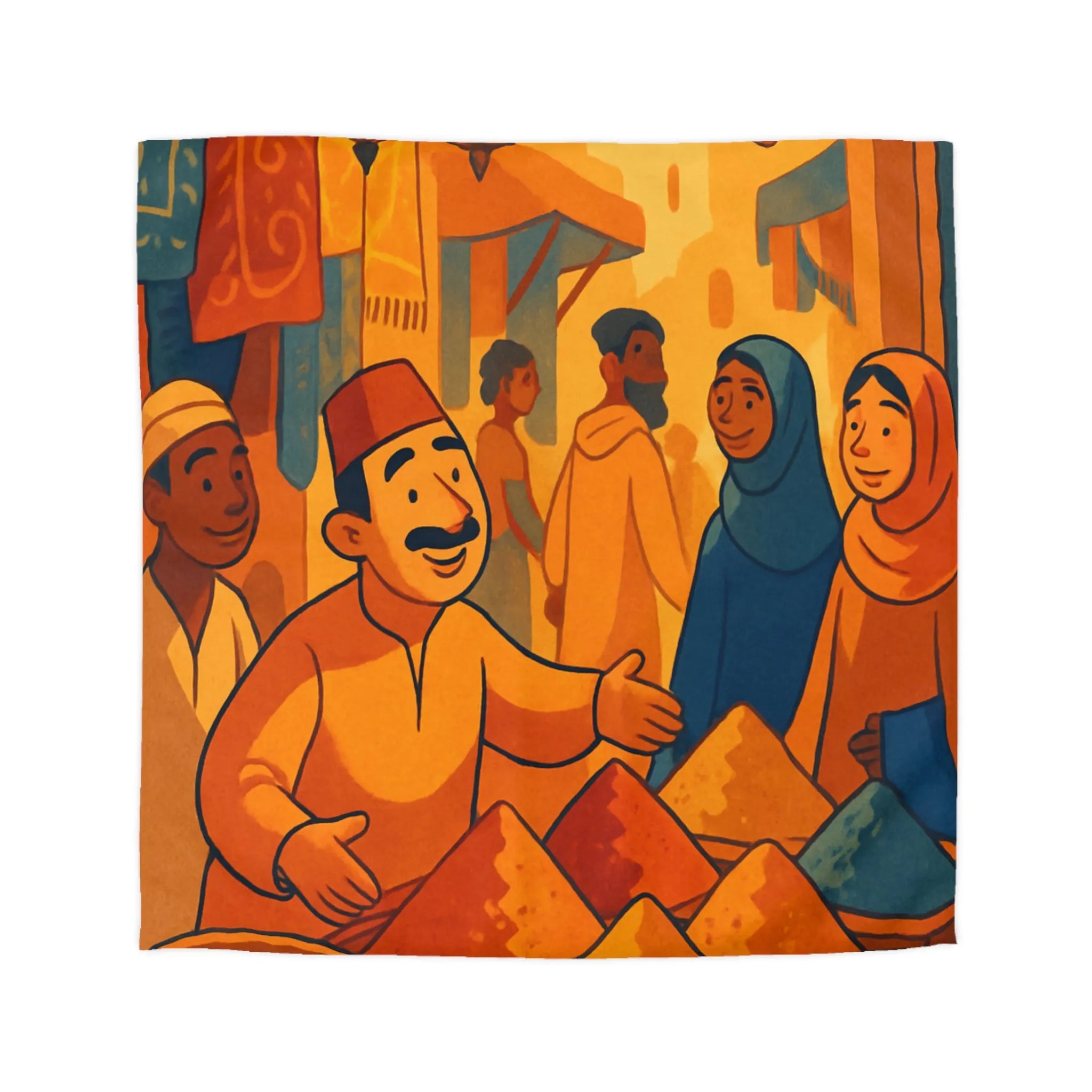 Housse de couette avec scène de marché colorée inspirée de l'art oriental chaleureux