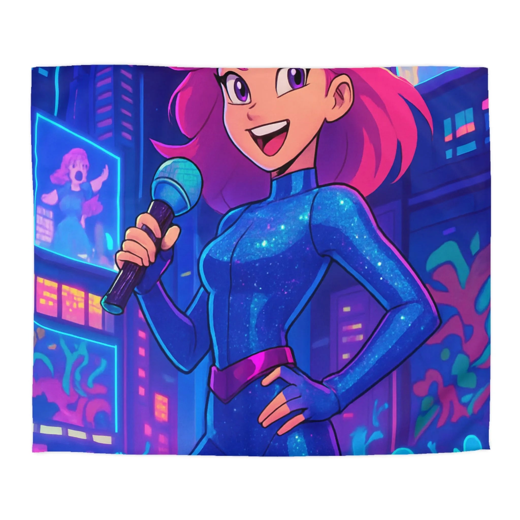 Housse de couette avec chanteuse animée en concert sur fond de ville illuminée