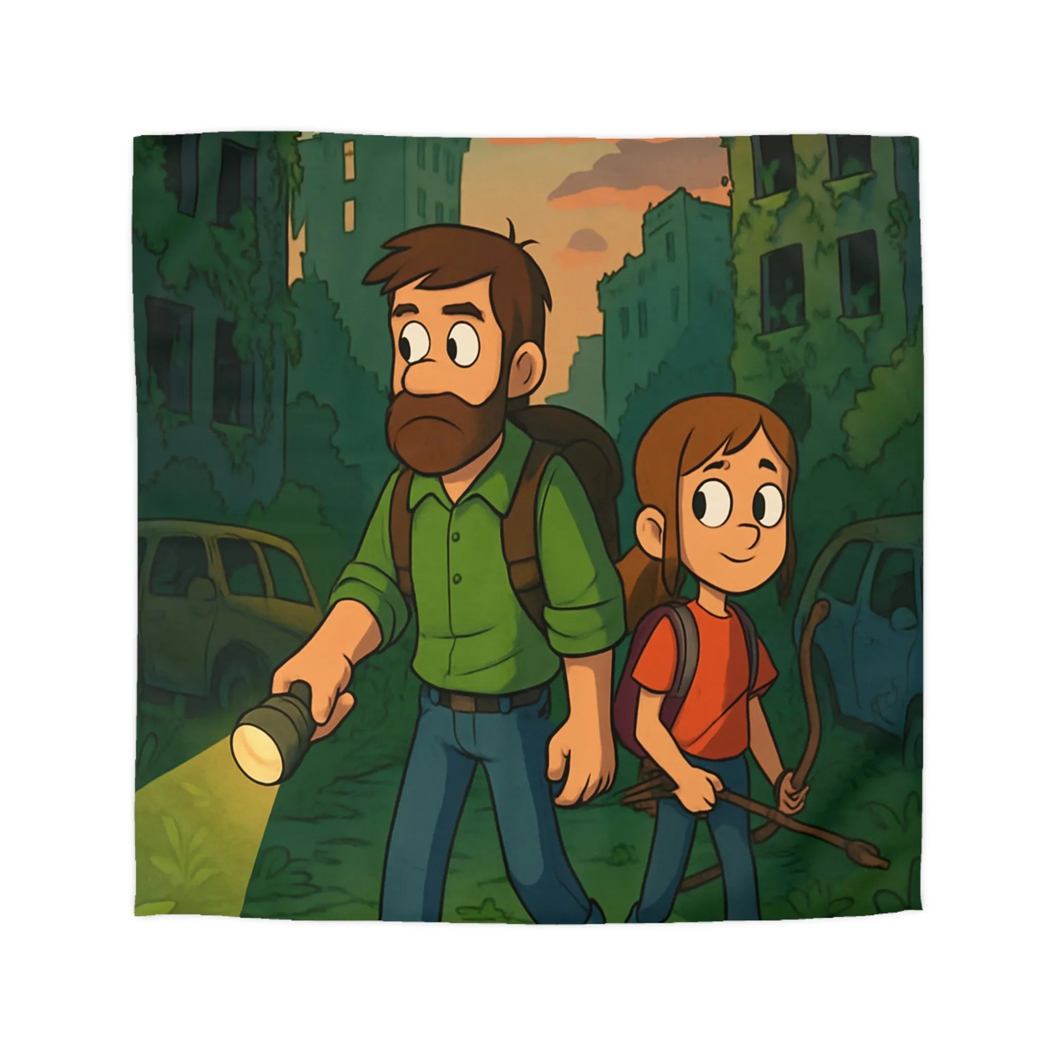 Housse de couette aventure urbaine avec personnages explorant une ville abandonnée la nuit