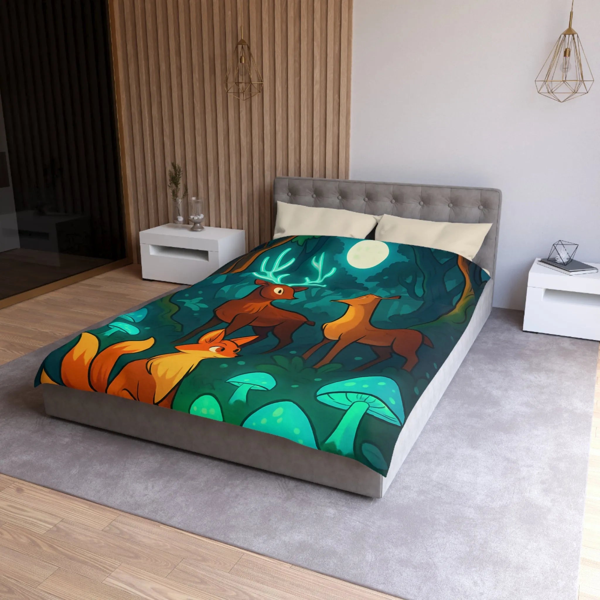 Housse de couette avec animaux de forêt et champignons sous lumière lunaire magique