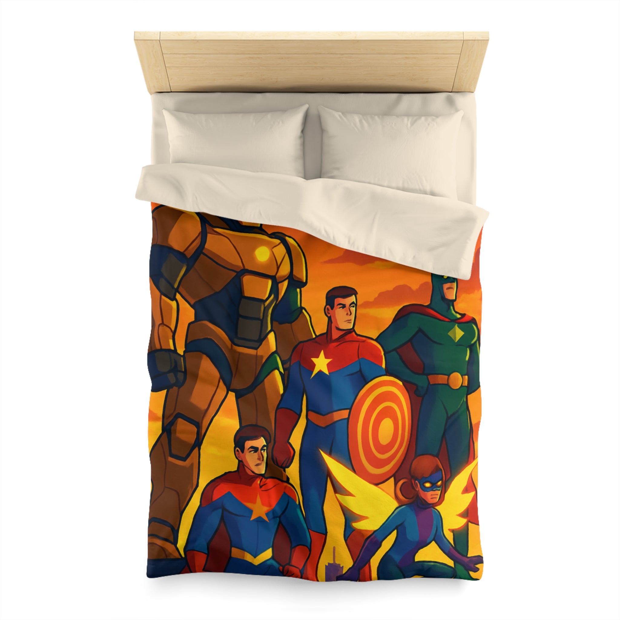 Housse de couette super-héros en costumes colorés avec coucher de soleil épique en arrière-plan