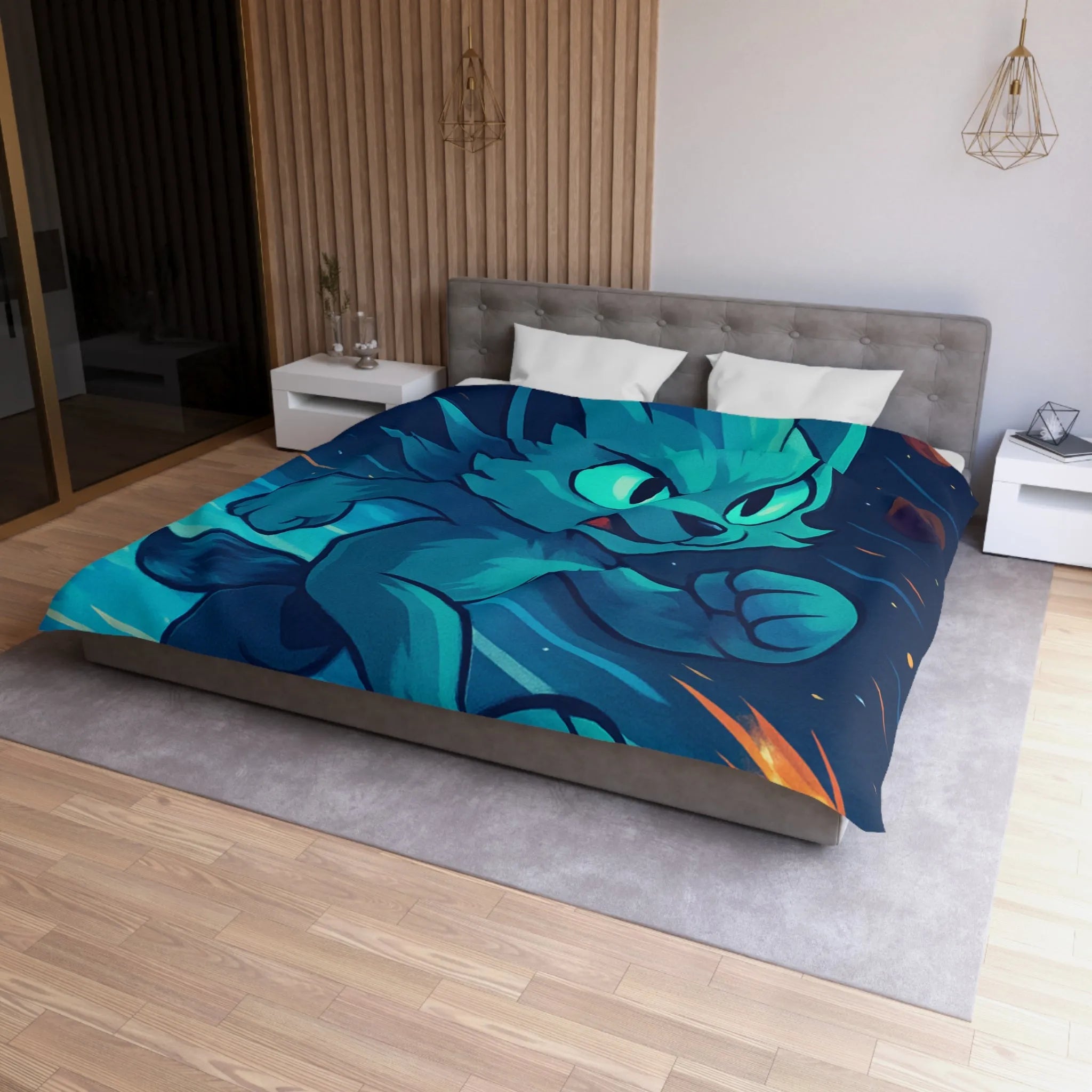 Housse de couette enfant abyss style spatial avec chat bleu comète et planète violette
