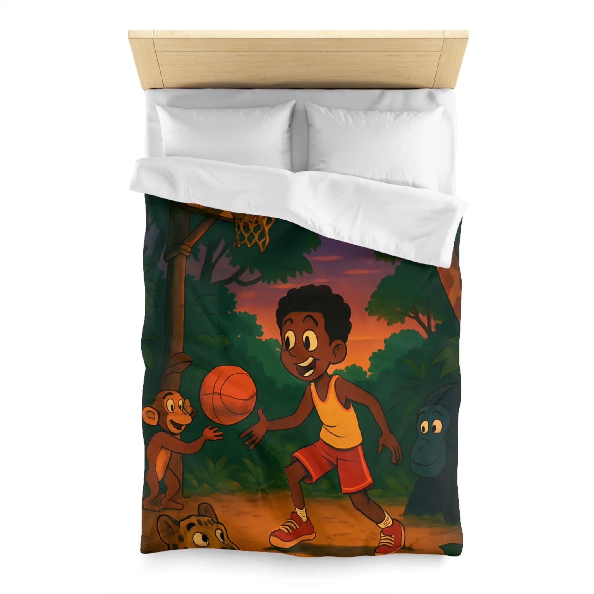Housse de couette enfant jungle colorée avec garçon jouant au basket et animaux amusants