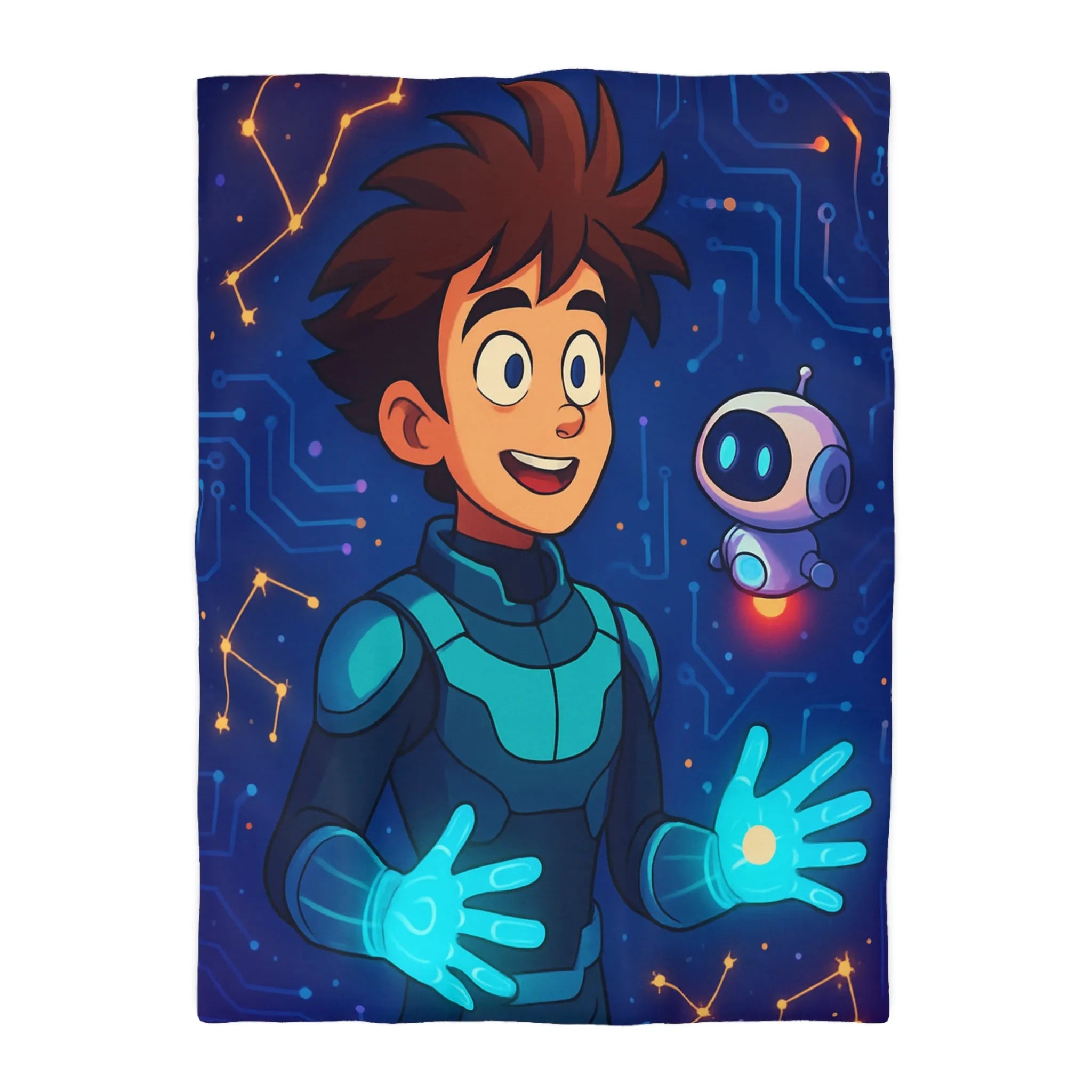 Housse de couette futuriste avec jeune héros et robot dans espace numérique éclatant